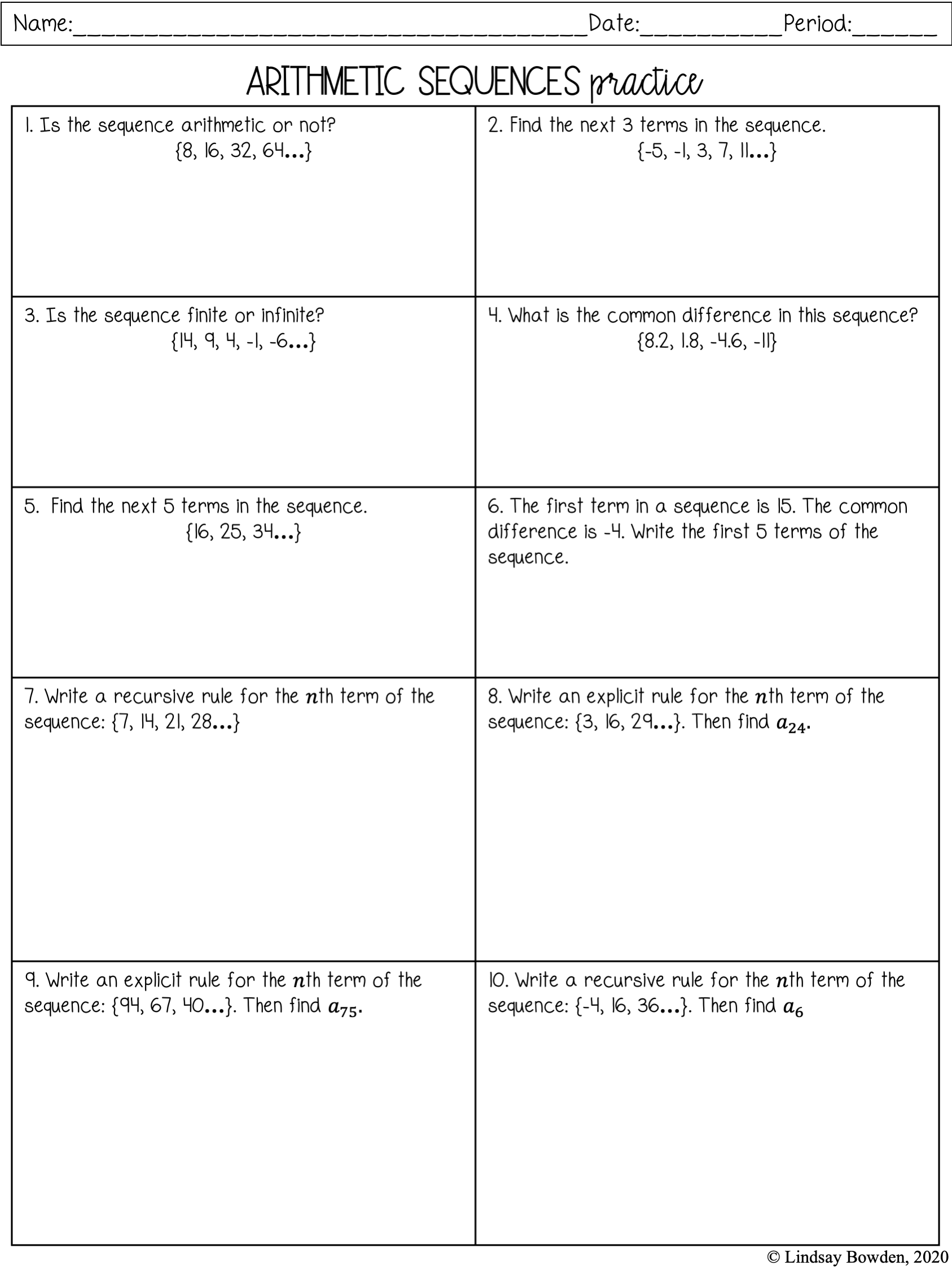 Arithmetic Sequences Notes And Worksheets Lindsay Bowden Worksheets Library