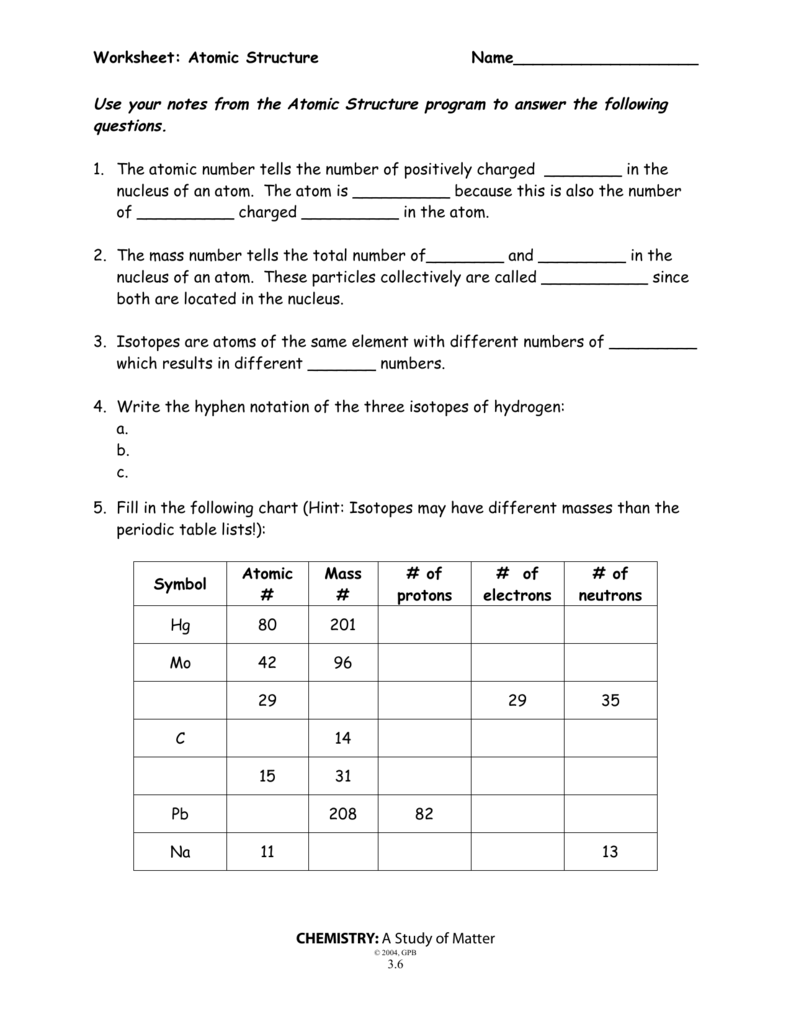 atomic structure worksheet answers