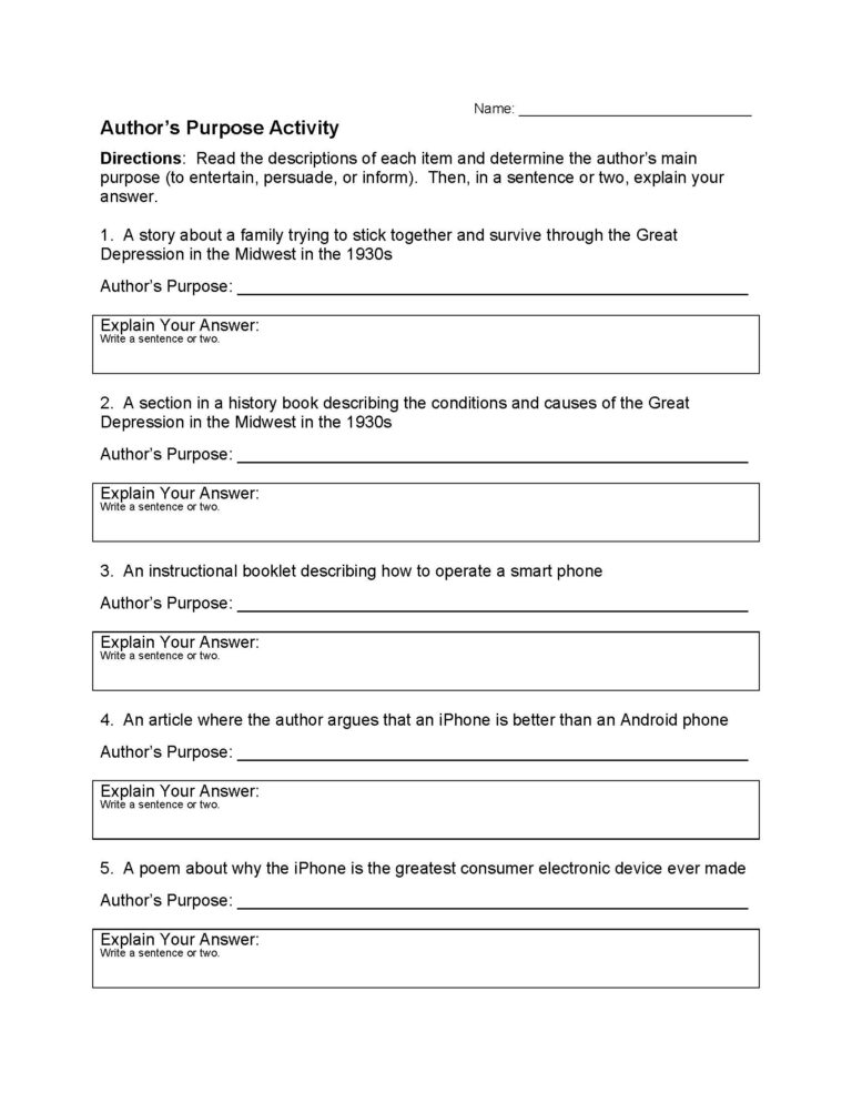 Author s Purpose Worksheet 1 Reading Activity
