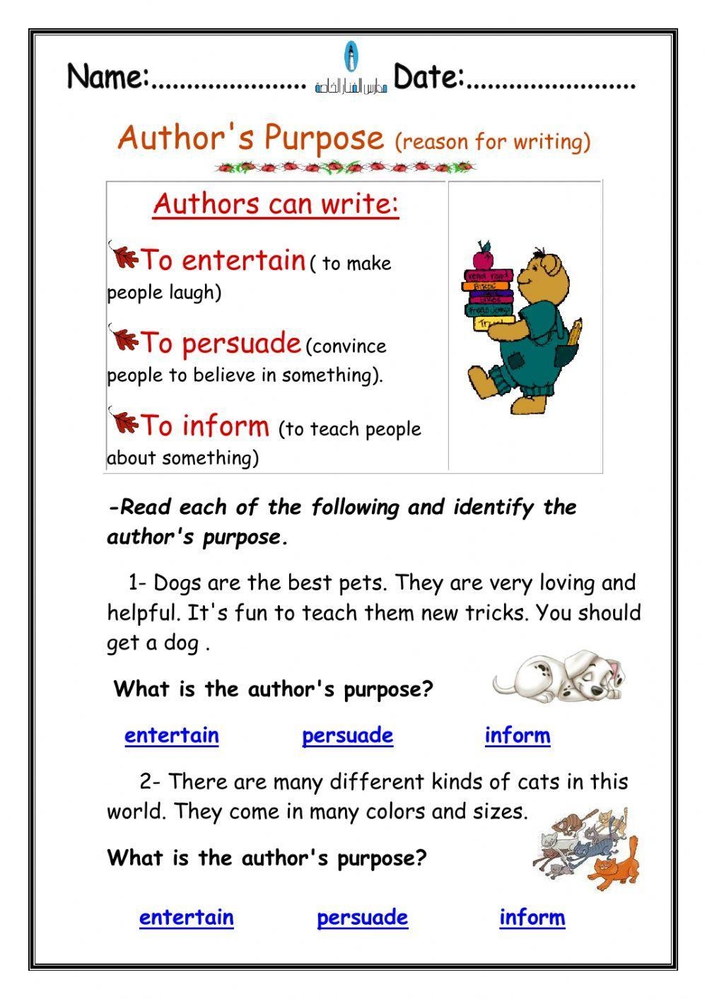 Authors Purpose Interactive Worksheet Live Worksheets Worksheets Library