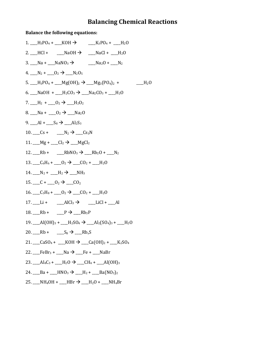 balancing equations worksheet about chemistry