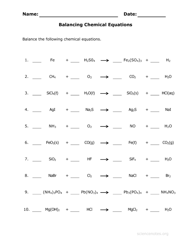 Balancing Chemical Equations Worksheet