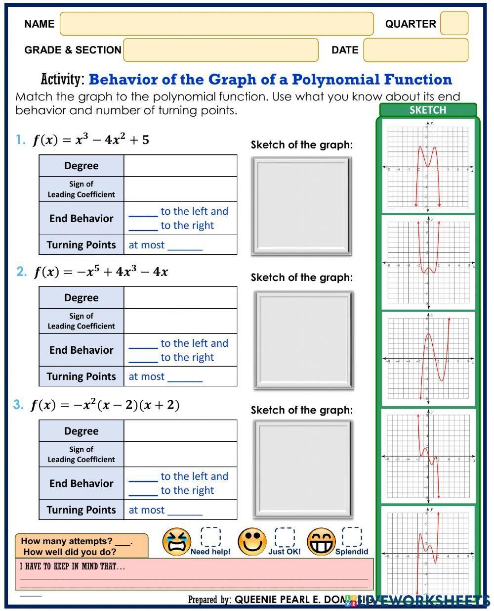 Behavior Of The Graph Of A Polynomial Function Worksheet Live Worksheets Library