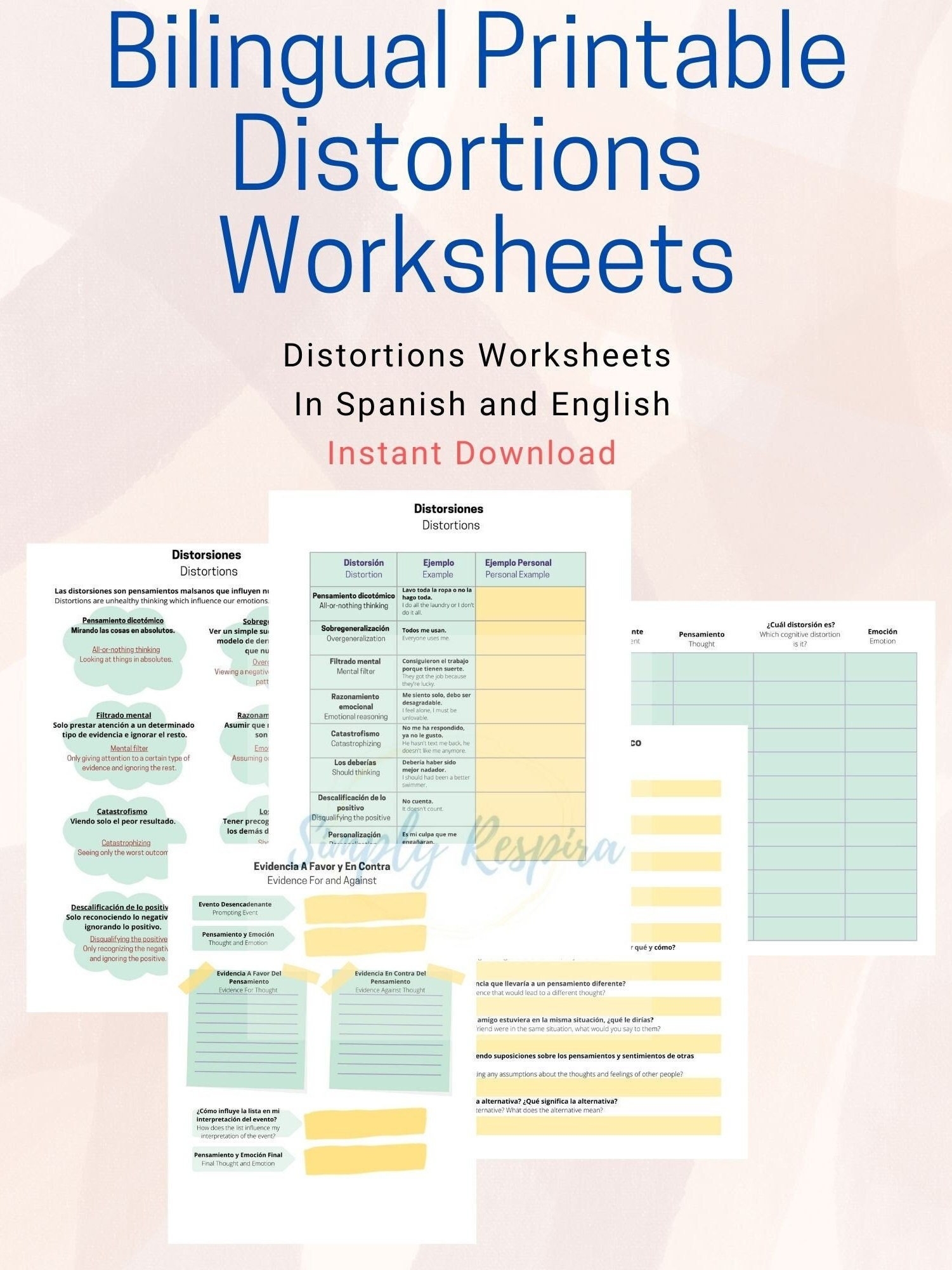Bilingual Cognitive Distortions Worksheet DBT CBT Worksheets Self help Spanish english Worksheets Spanish Dbt cbt Worksheets Etsy