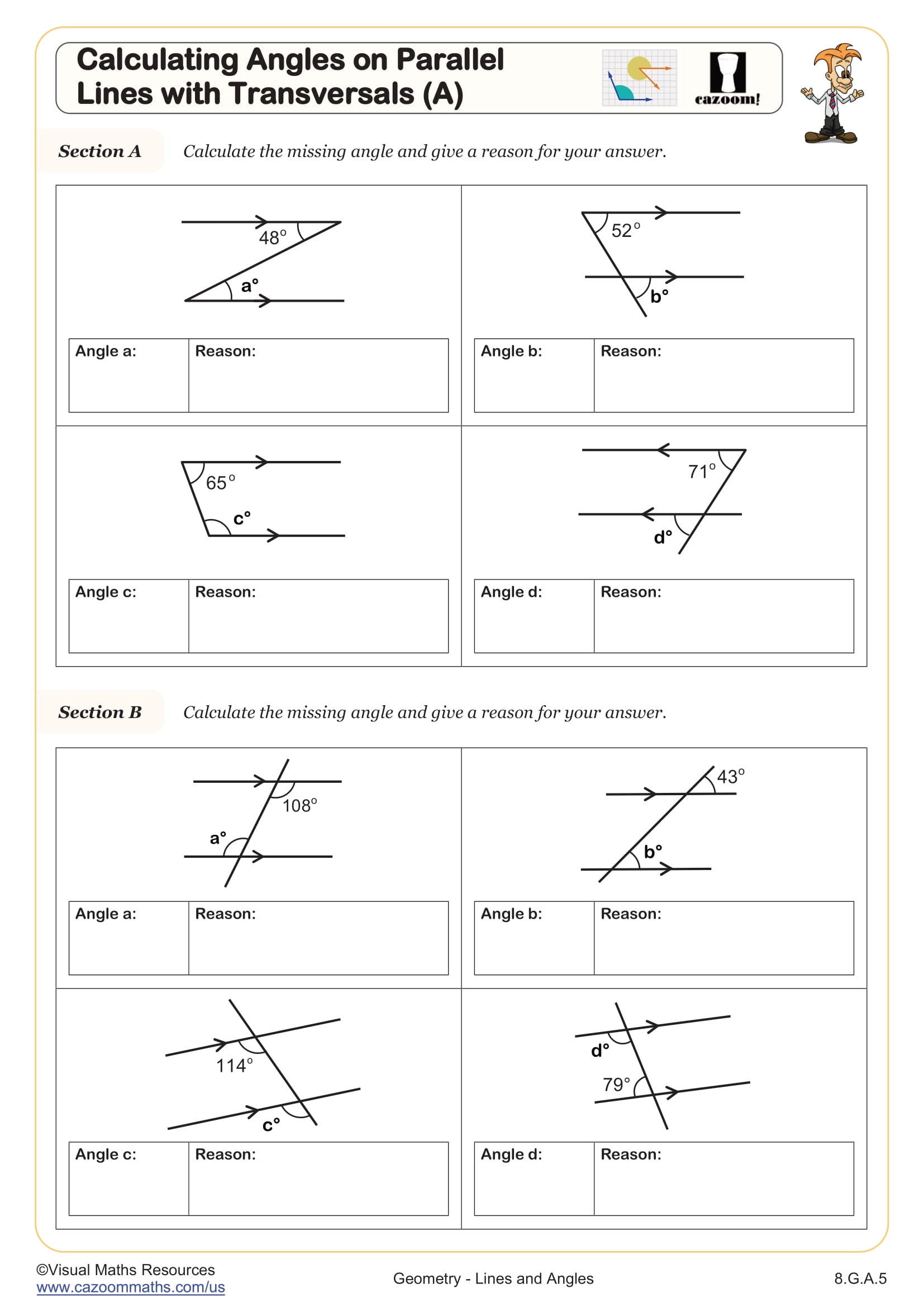 Calculating Angles On Parallel Lines With Transversals A Worksheet PDF Printable Geometry Worksheet Cazoom Math