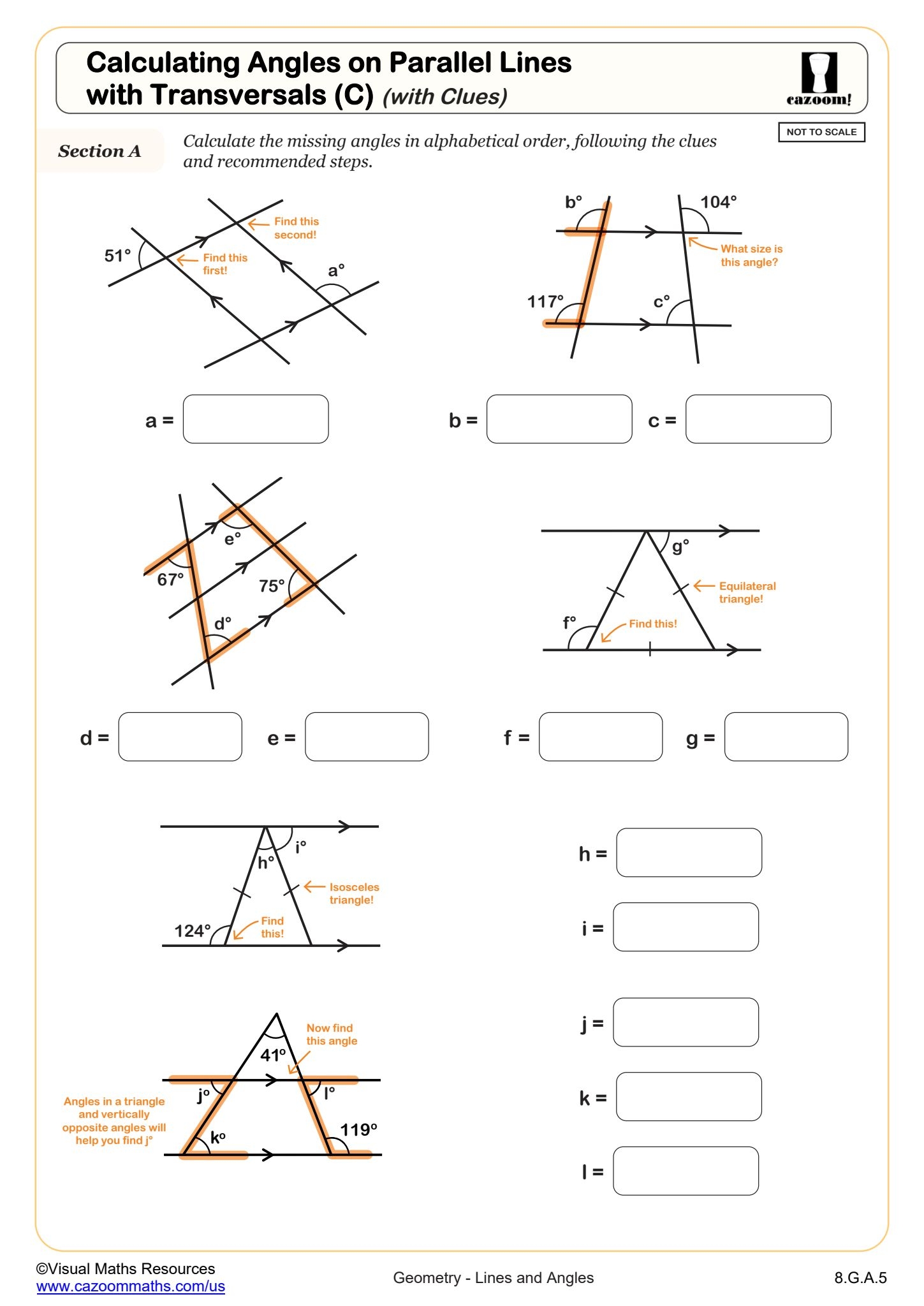 Calculating Angles On Parallel Lines With Transversals C with Clues Worksheet 8th Grade PDF Worksheets Cazoom Math