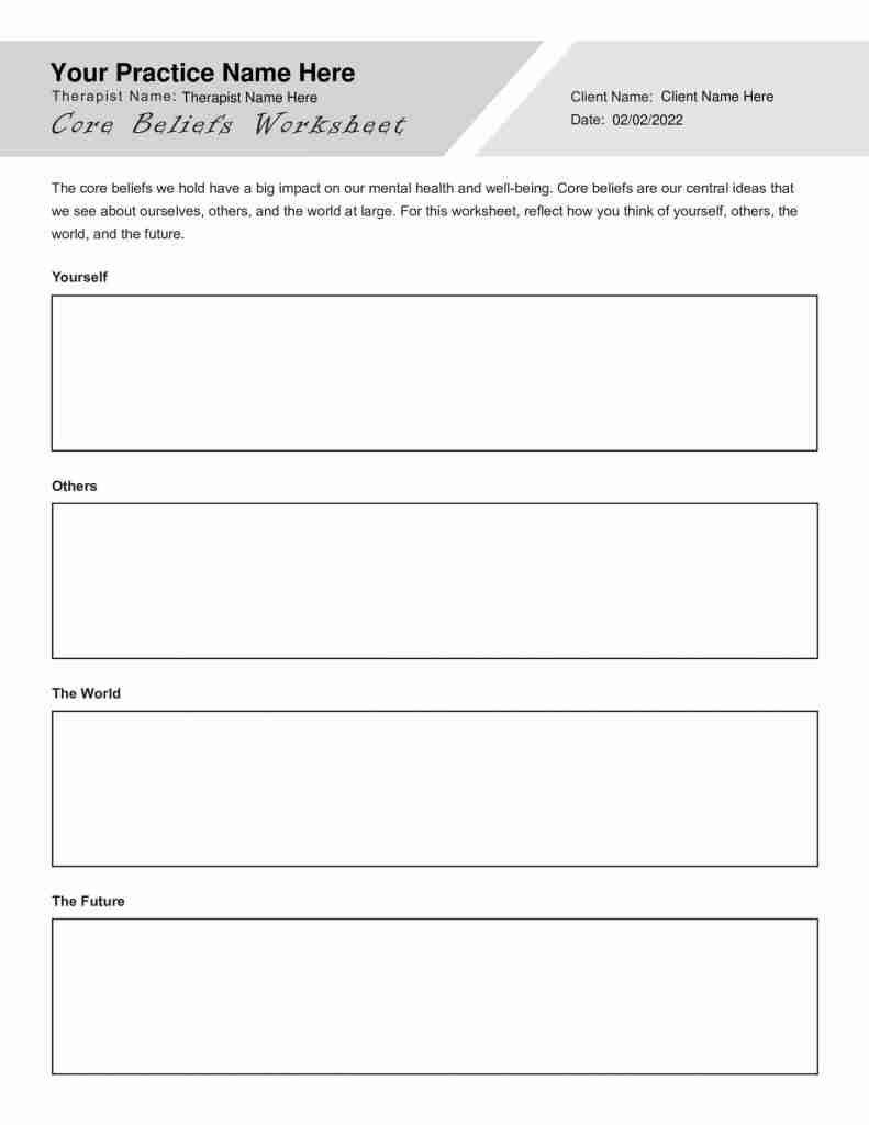 CBT Core Beliefs Worksheet Editable Fillable Printable PDF TherapyPatron