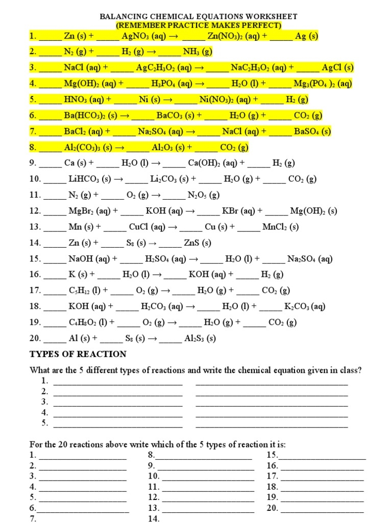 balancing chemical reactions worksheet balancing chemical reactions worksheet