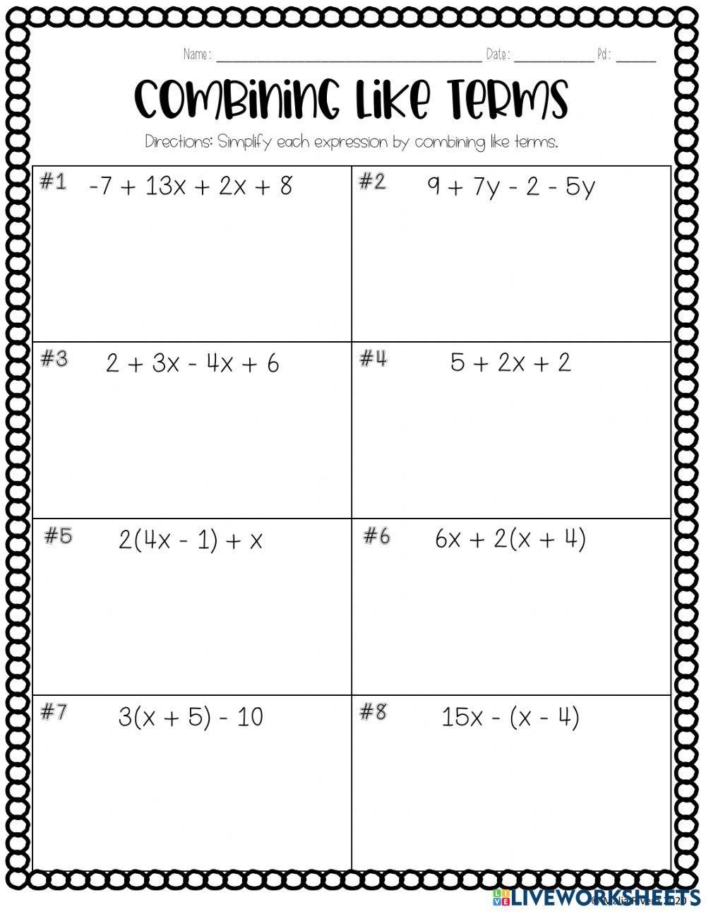 Combining Like Terms Activity Live Worksheets Worksheets Library