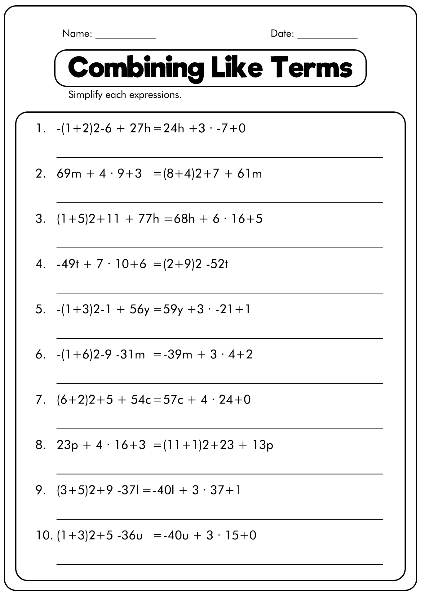 Combining Like Terms Worksheet With Answers Worksheets Library