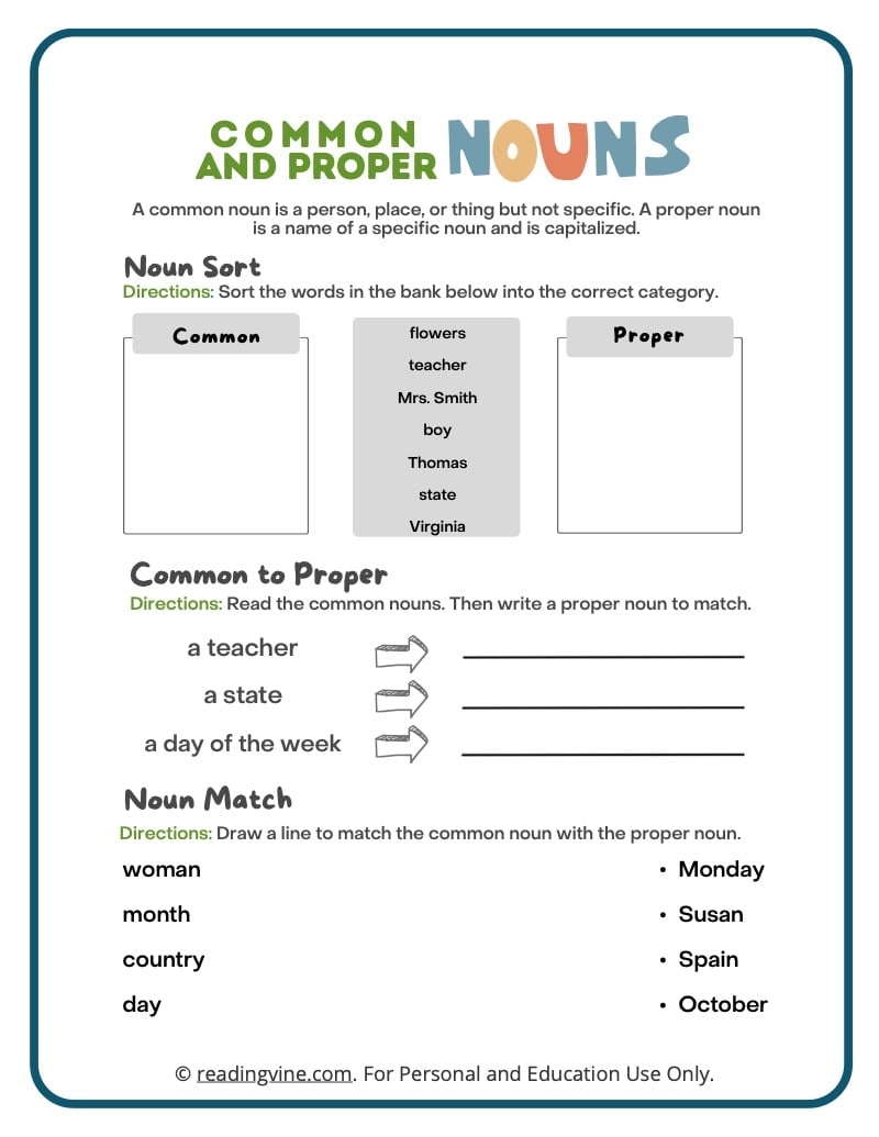 Common And Proper Nouns Worksheets Definitions And Examples ReadingVine