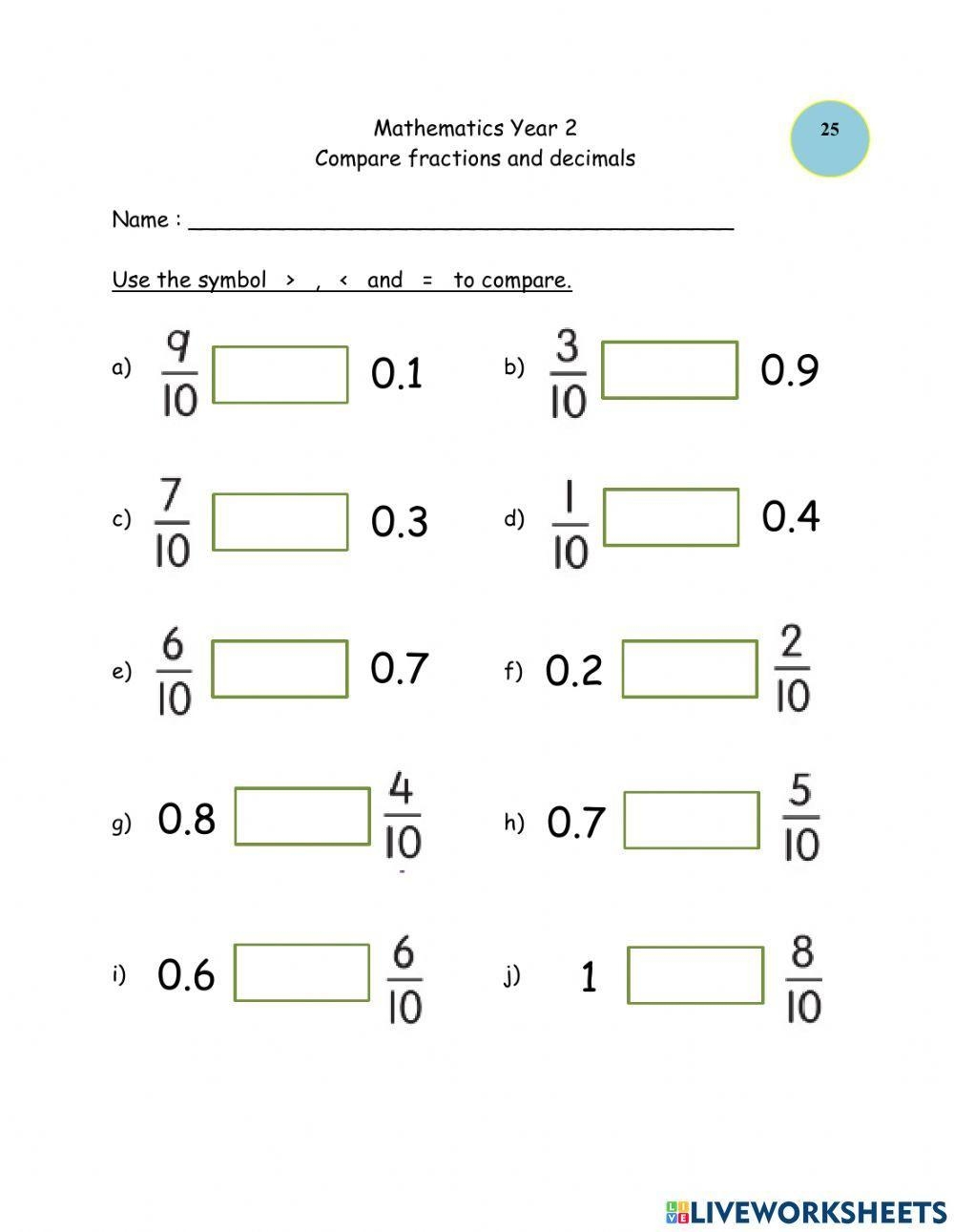 Compare Fractions And Decimals Interactive Worksheet Live Worksheets Worksheets Library