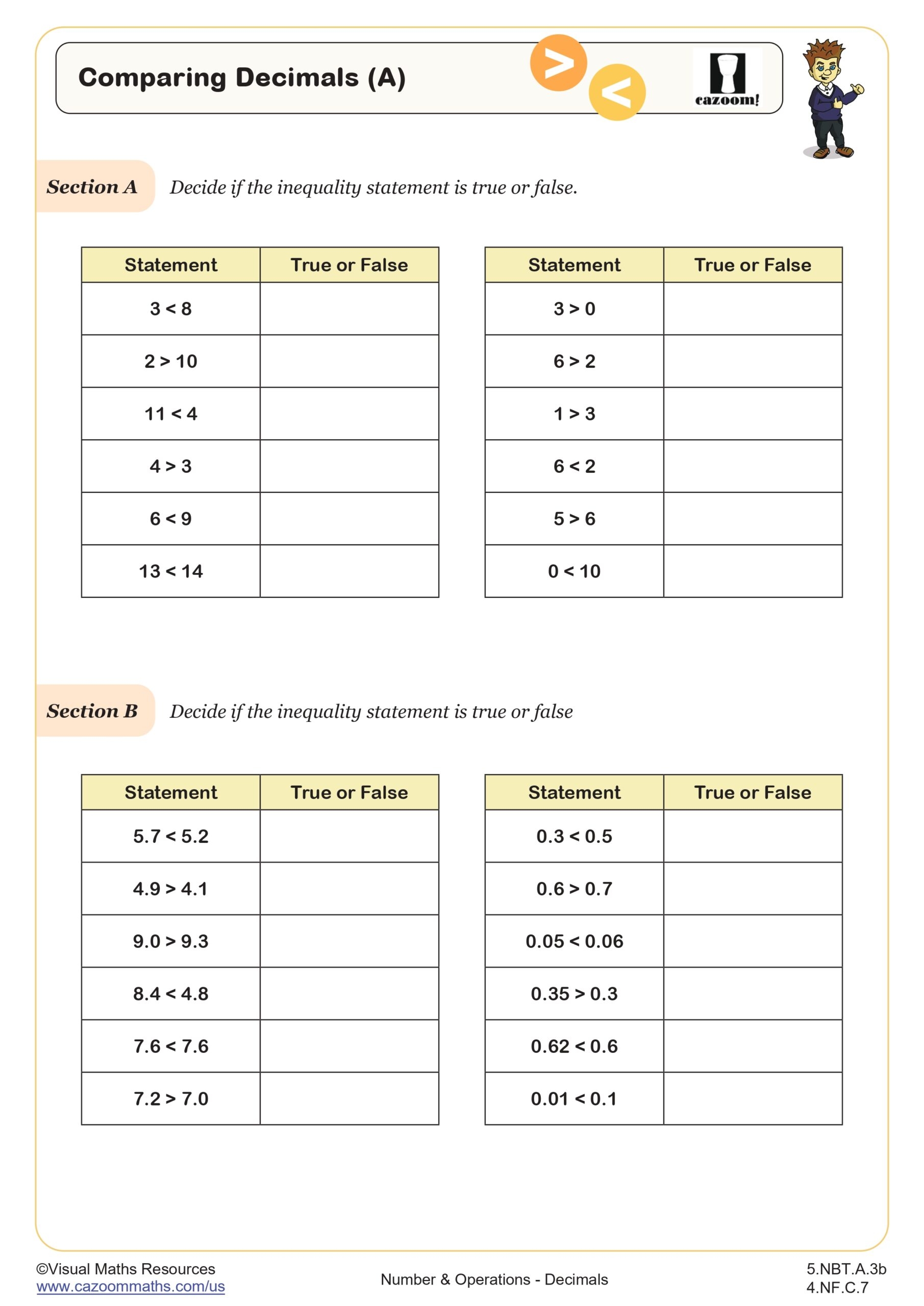Comparing Decimals A Worksheet Fun And Engaging 5th Grade Number Operations Worksheet Cazoom Math
