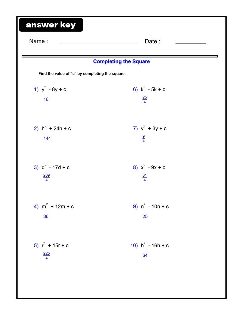 Complete The Square Worksheets Algebra 1 Quadratic Functions Worksheets Library