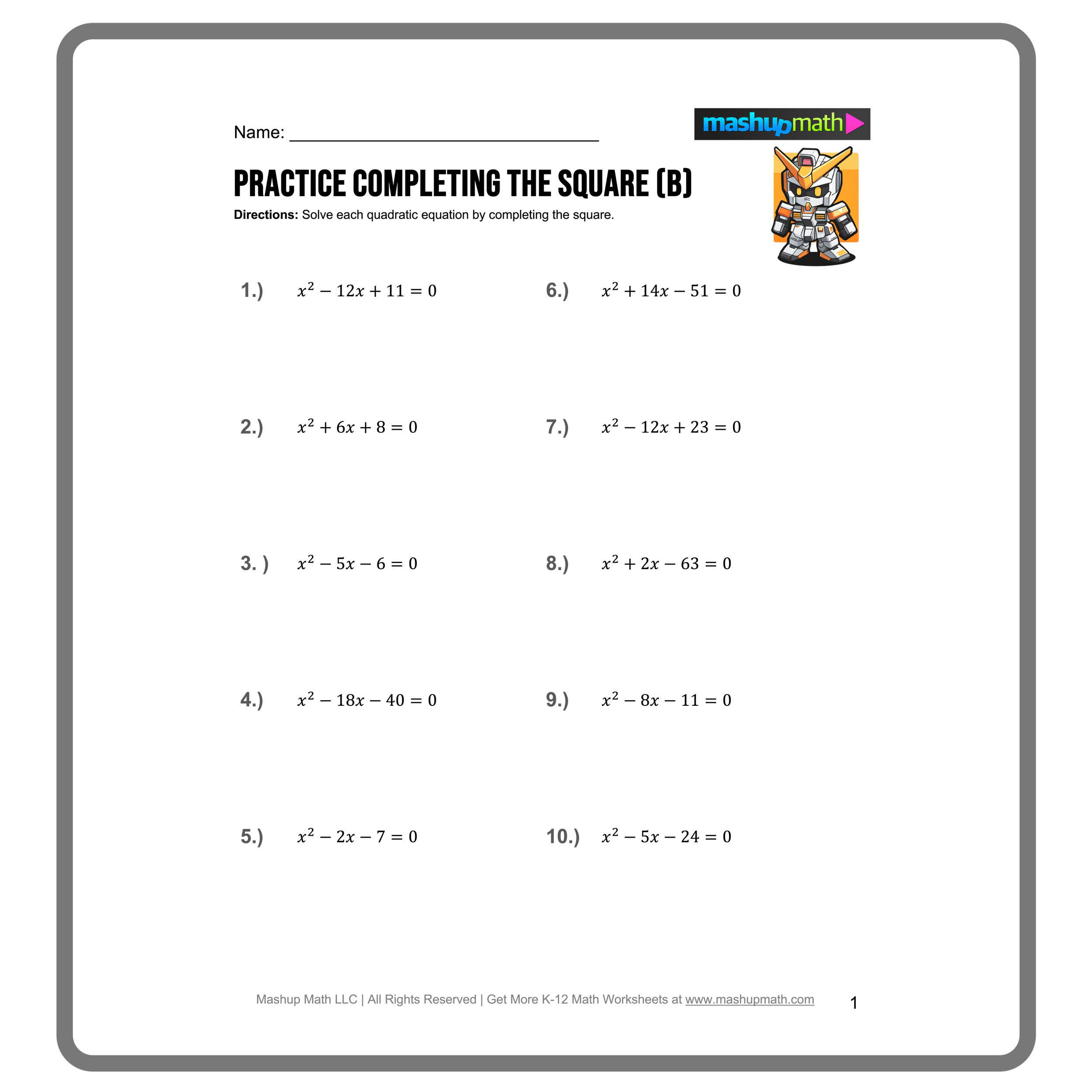 Completing The Square Worksheets Printable With Answers Mashup Math