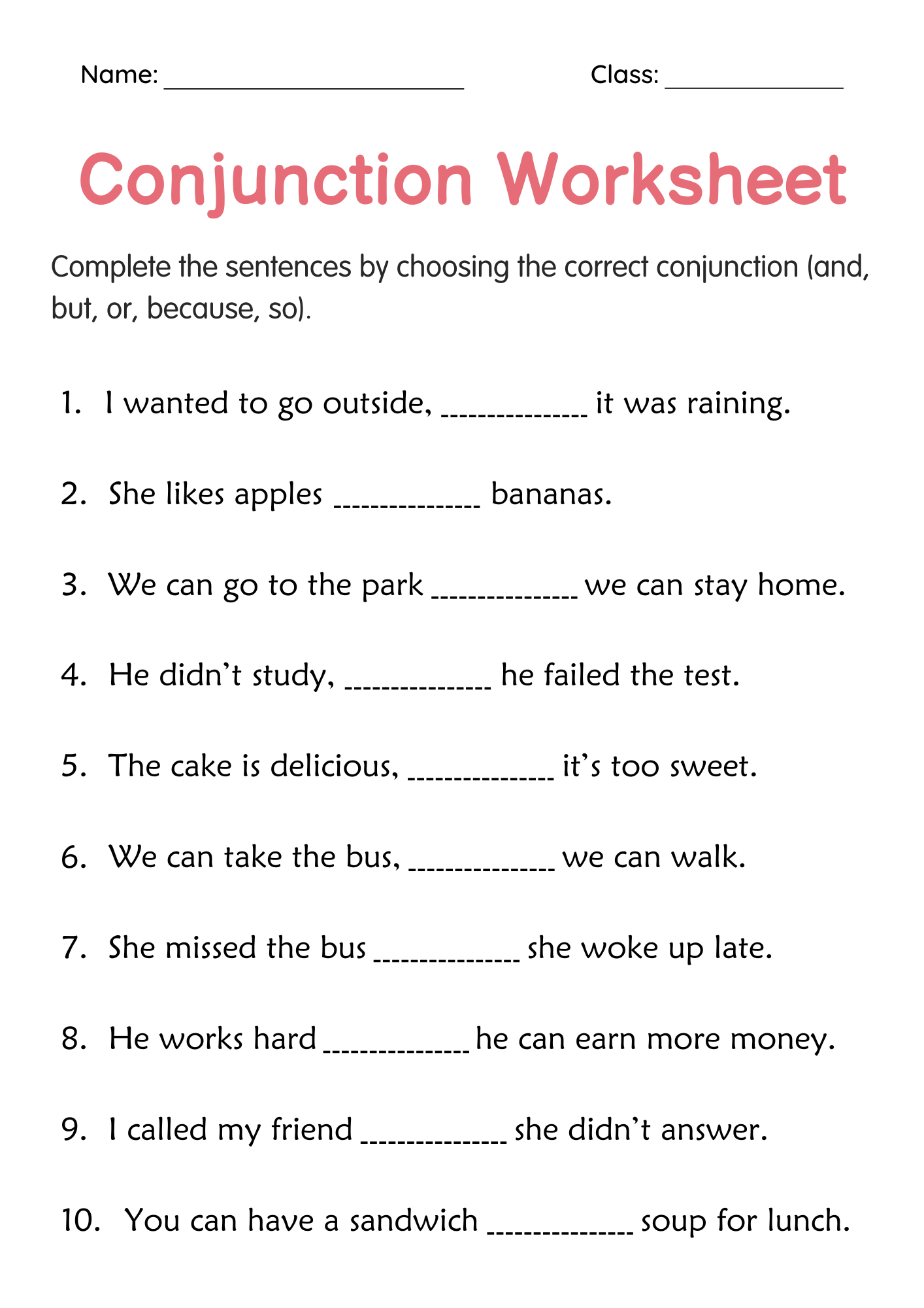 Conjunction Grammar Worksheets For Grade 1 2 3 Made By Teachers