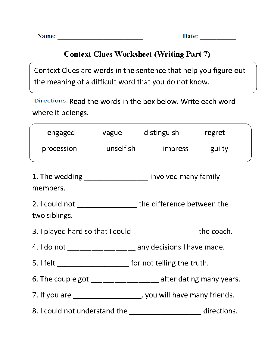 Context Clues Worksheets Printable Vocabulary Inference Activities