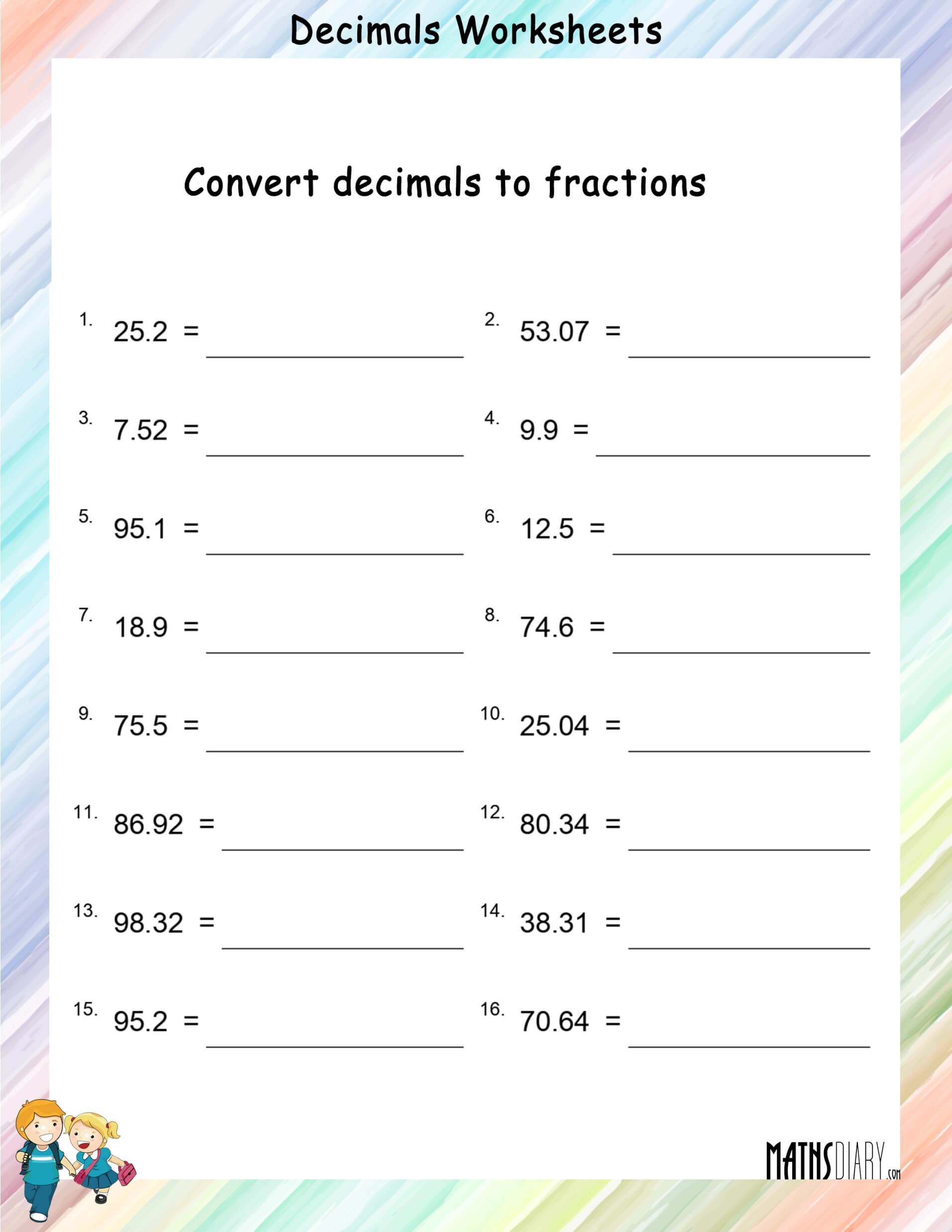 Convert Decimals To Fractions Worksheets Math Worksheets Worksheets Library