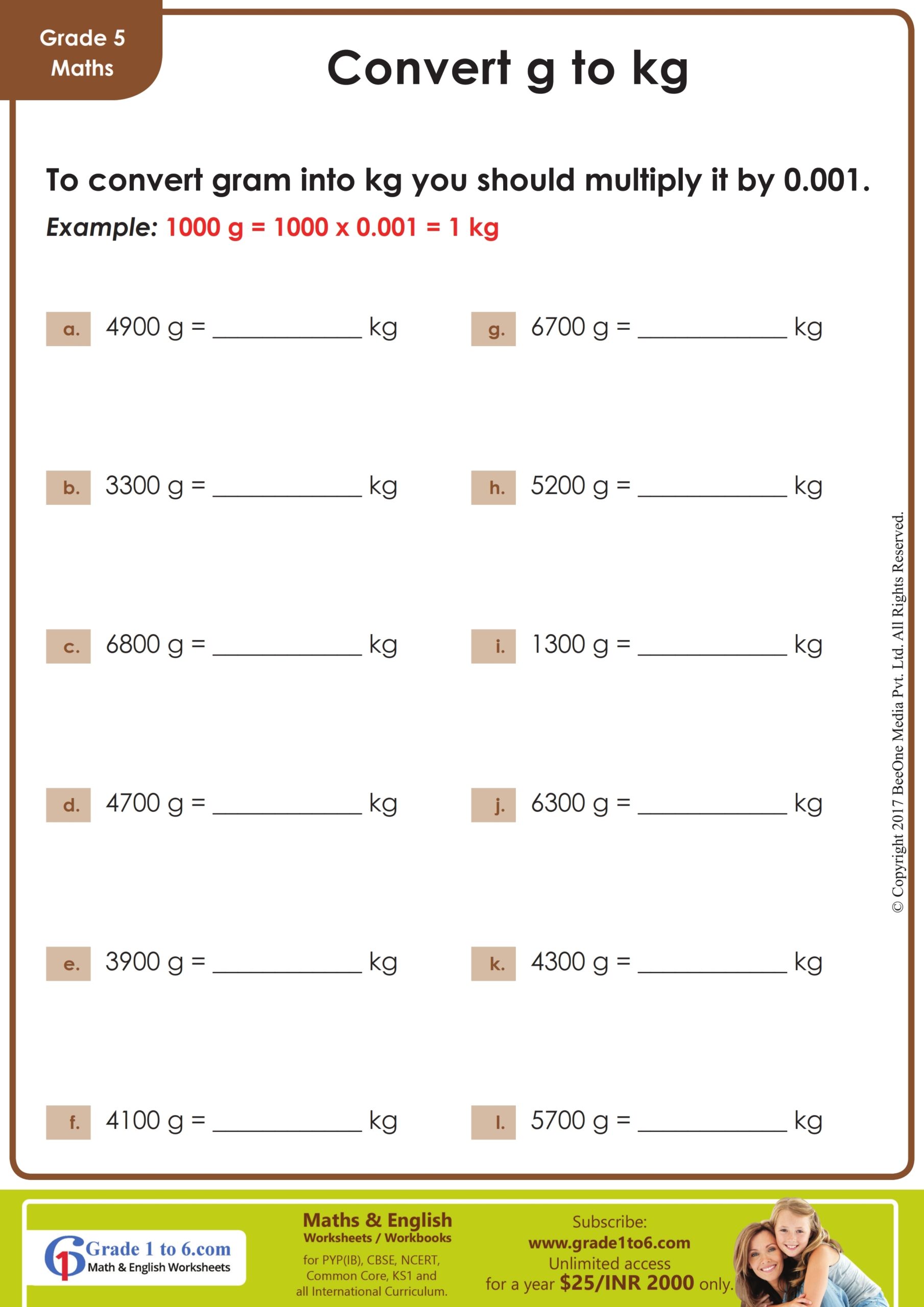 Convert Grams To Kilograms Worksheet Grade1to6 Worksheets Library