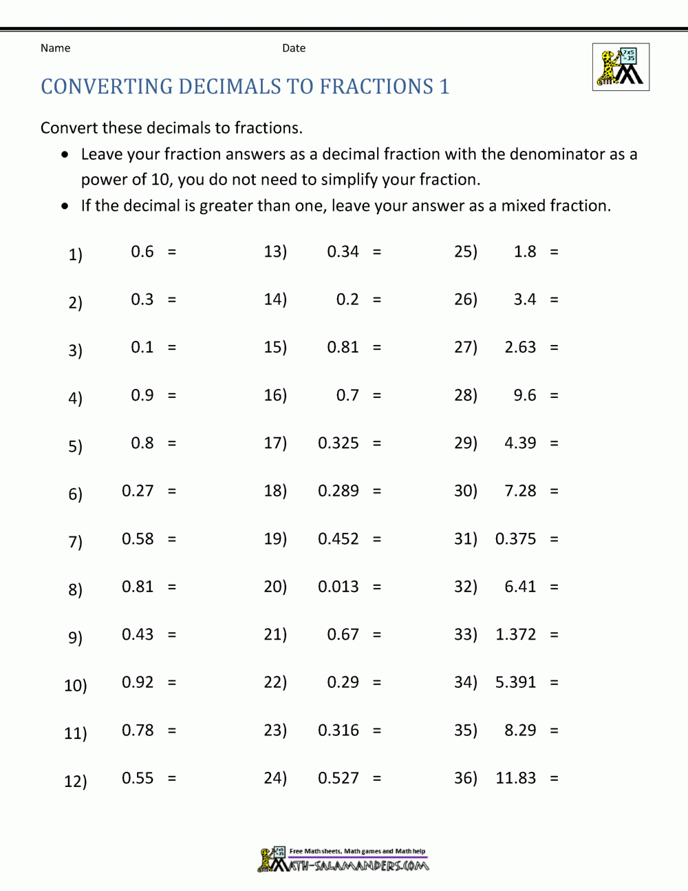 Converting Decimals To Fractions Worksheet Worksheets Library