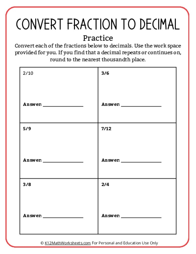 Converting Fractions To Decimals Worksheets