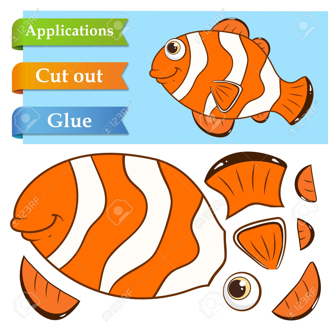 Create Paper Application The Cartoon Funny Clown Fish Use Scissors Cut Parts Of Fish And Glue On Paper Education Logic Game For School Kids To Help With Cutting Sticking And Learning About