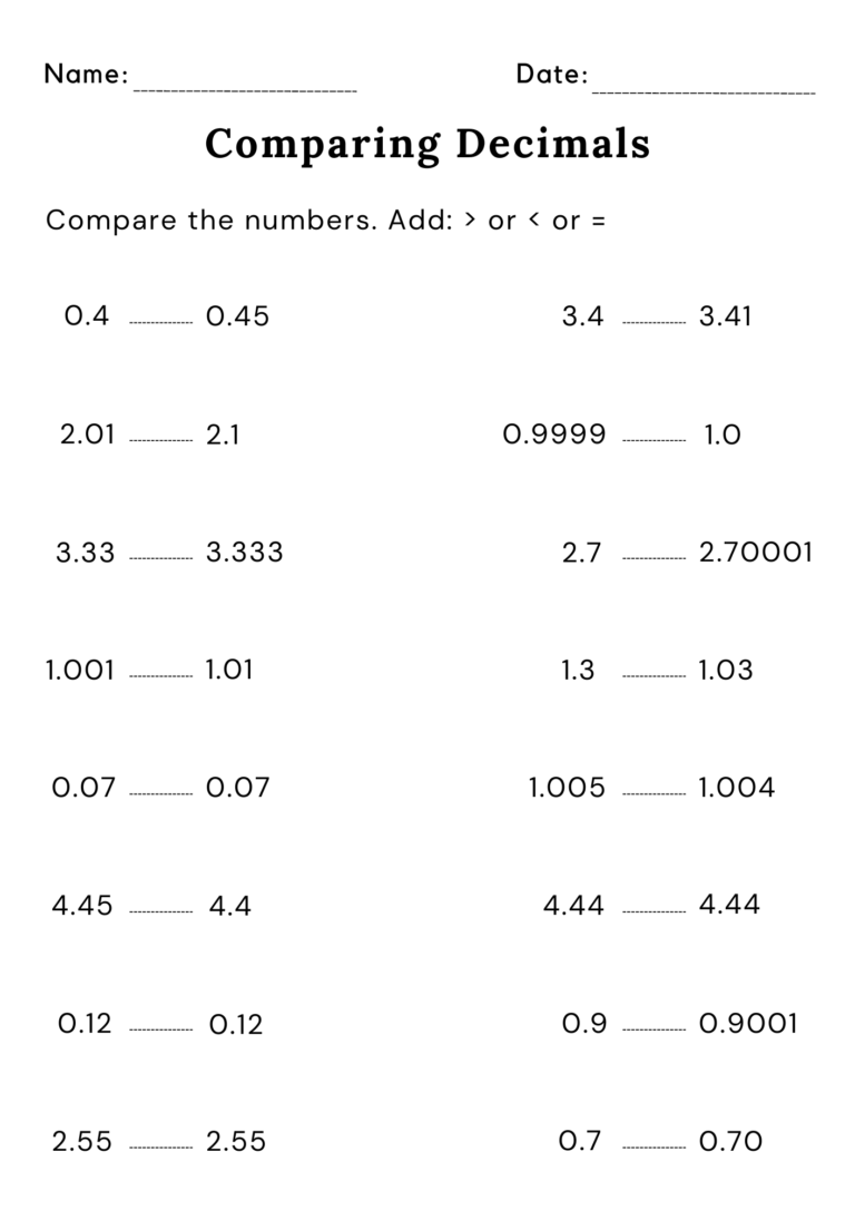Decimals Greater Than Less Than Worksheets With Answers Made By Teachers