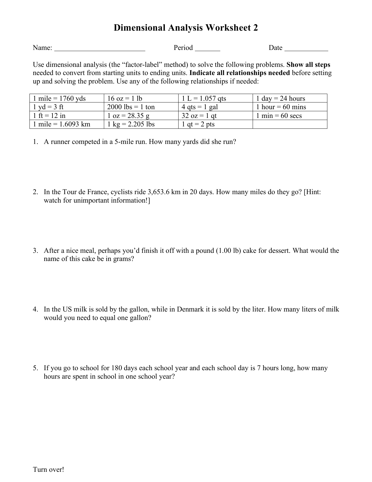 dimensional analysis worksheet