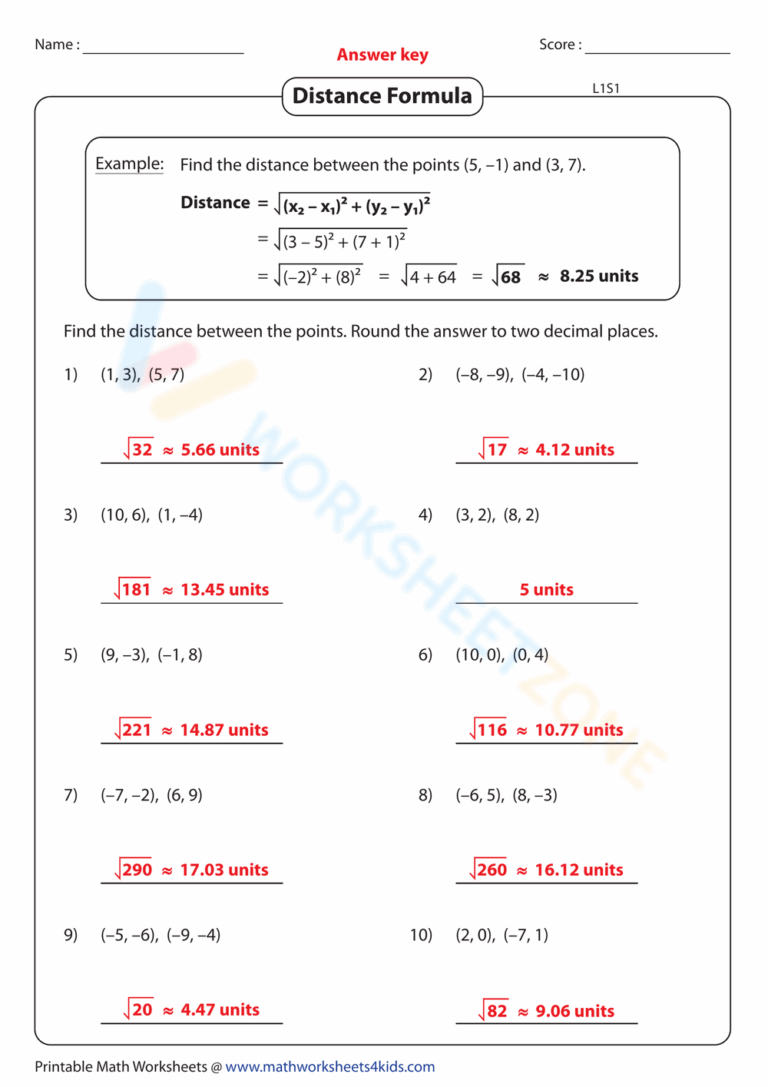 Distance Formula Worksheet Worksheets Library