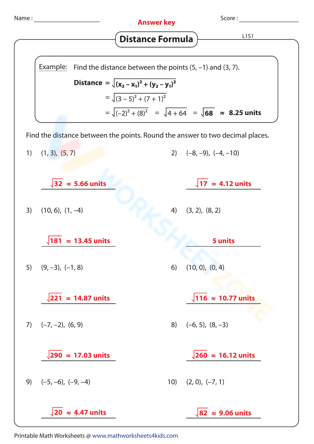 Distance Formula Worksheet Worksheets Library