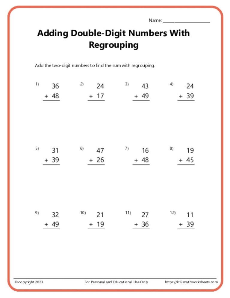 Double Digit Addition With Regrouping Worksheets