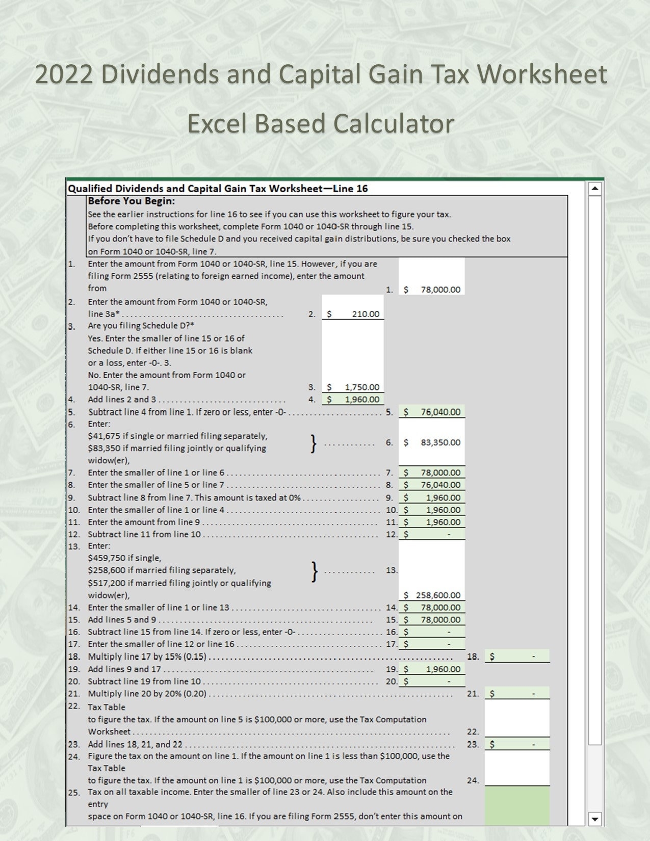 Easy Calculator For 2022 Qualified Dividends And Capital Gain Tax Worksheet excel 2016 Also Includes Tax Computation Worksheet Etsy
