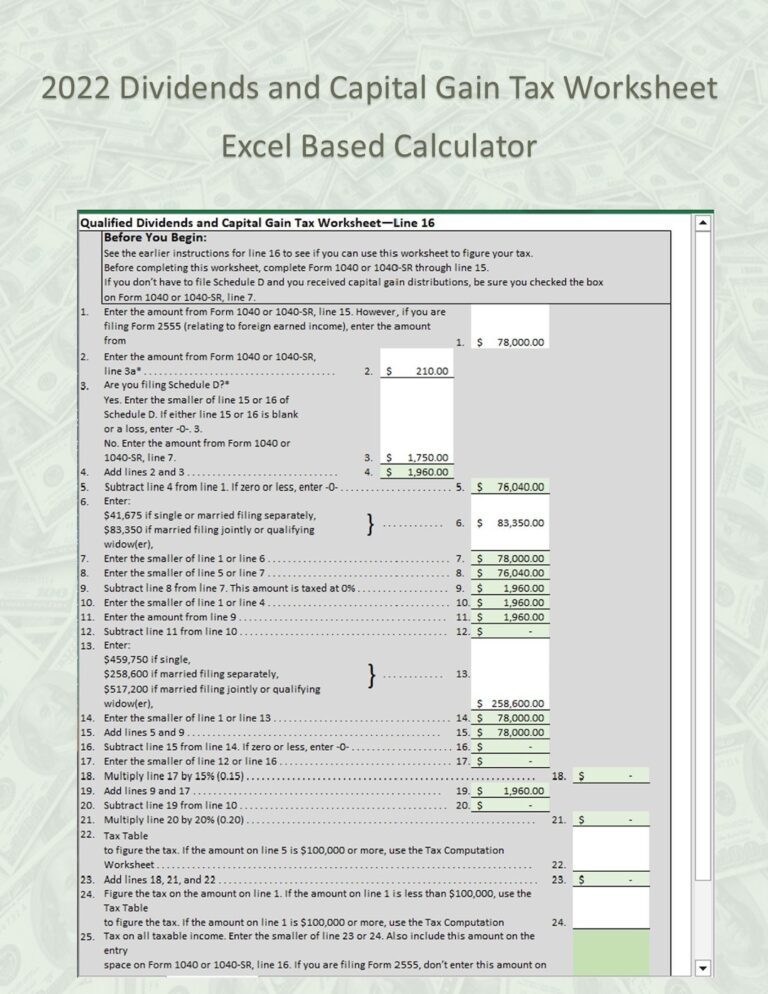Easy Calculator For 2022 Qualified Dividends And Capital Gain Tax Worksheet excel 2016 Also Includes Tax Computation Worksheet Etsy