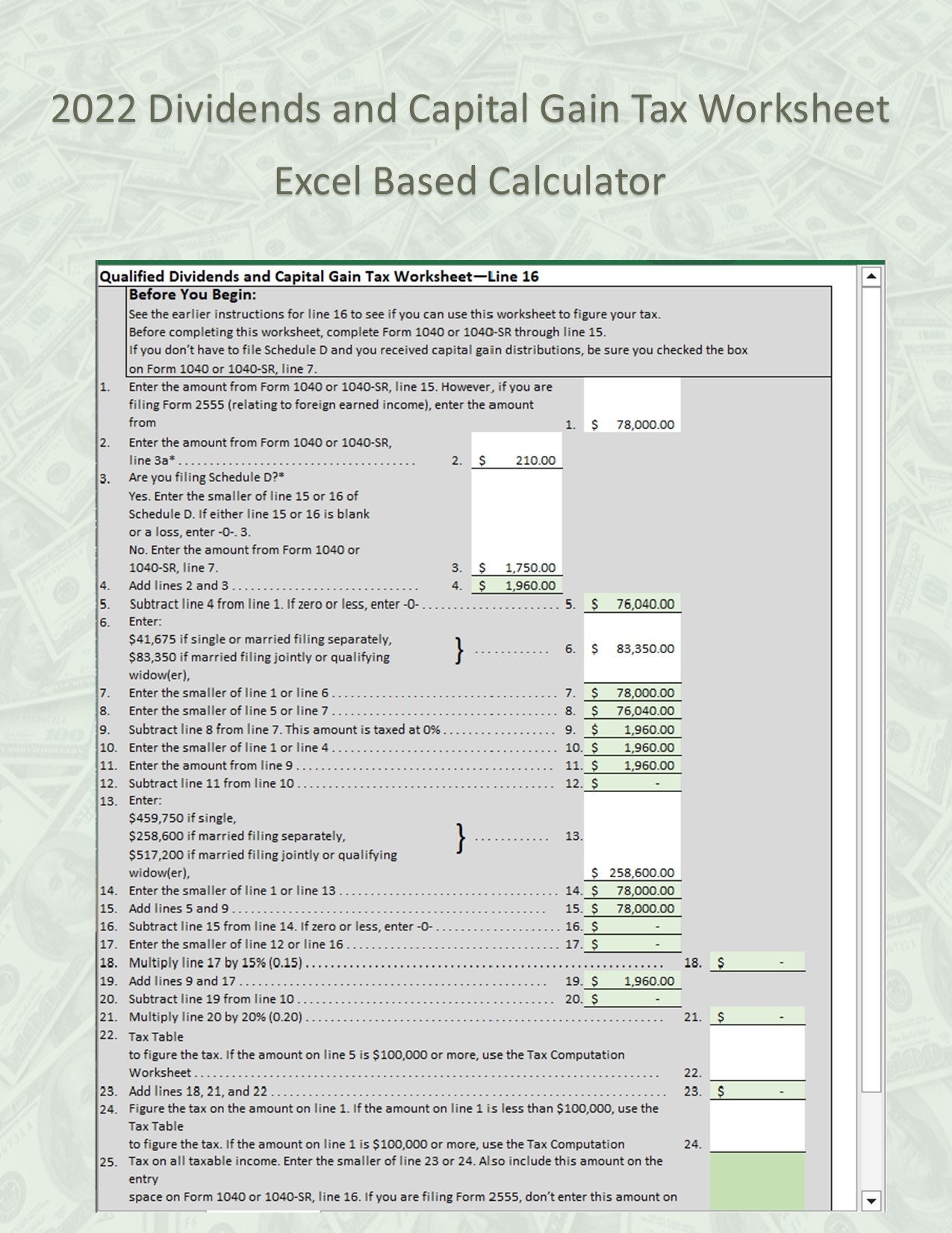 Easy Calculator For 2022 Qualified Dividends And Capital Gain Tax Worksheet excel 2016 Also Includes Tax Computation Worksheet Etsy