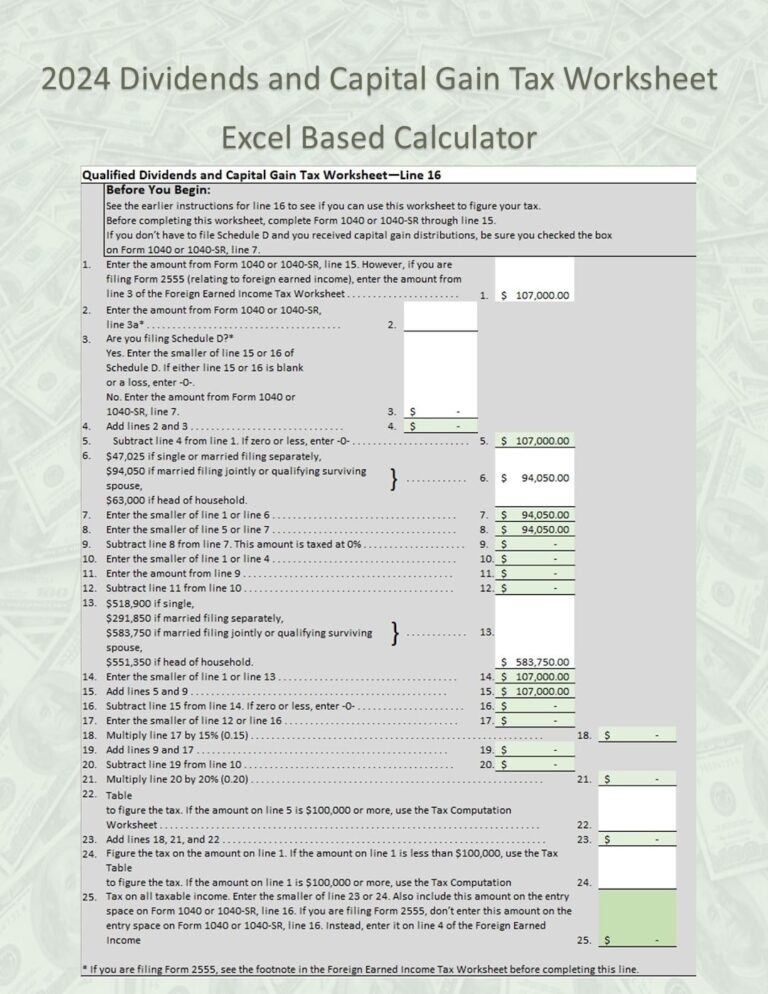 Easy Custom Calculator For 2024 Qualified Dividends And Capital Gain Tax Worksheet excel 2016 Also Includes Tax Computation Worksheet Etsy