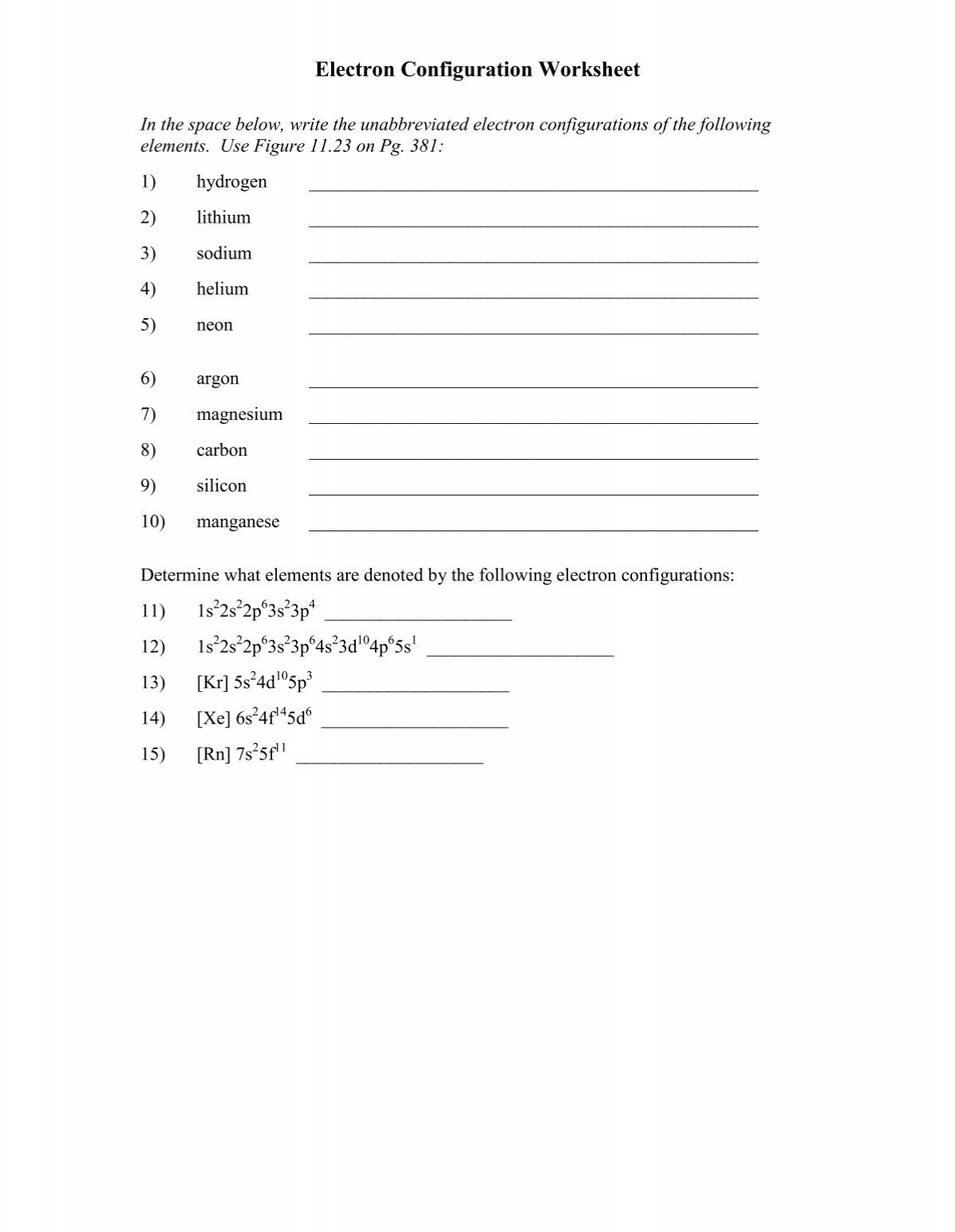 electron configuration worksheet