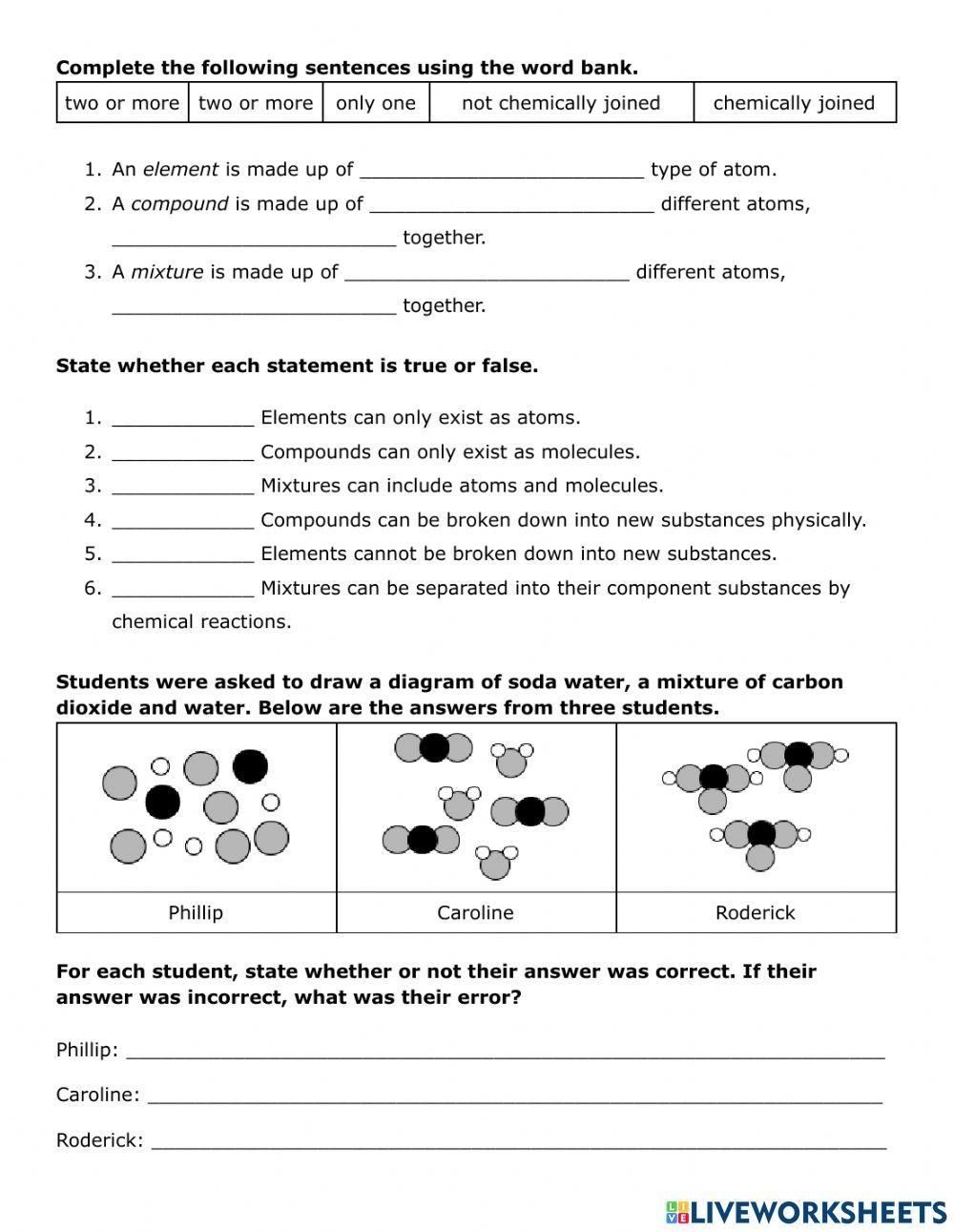 Elements Compounds And Mixtures Interactive Worksheet Live Worksheets Library