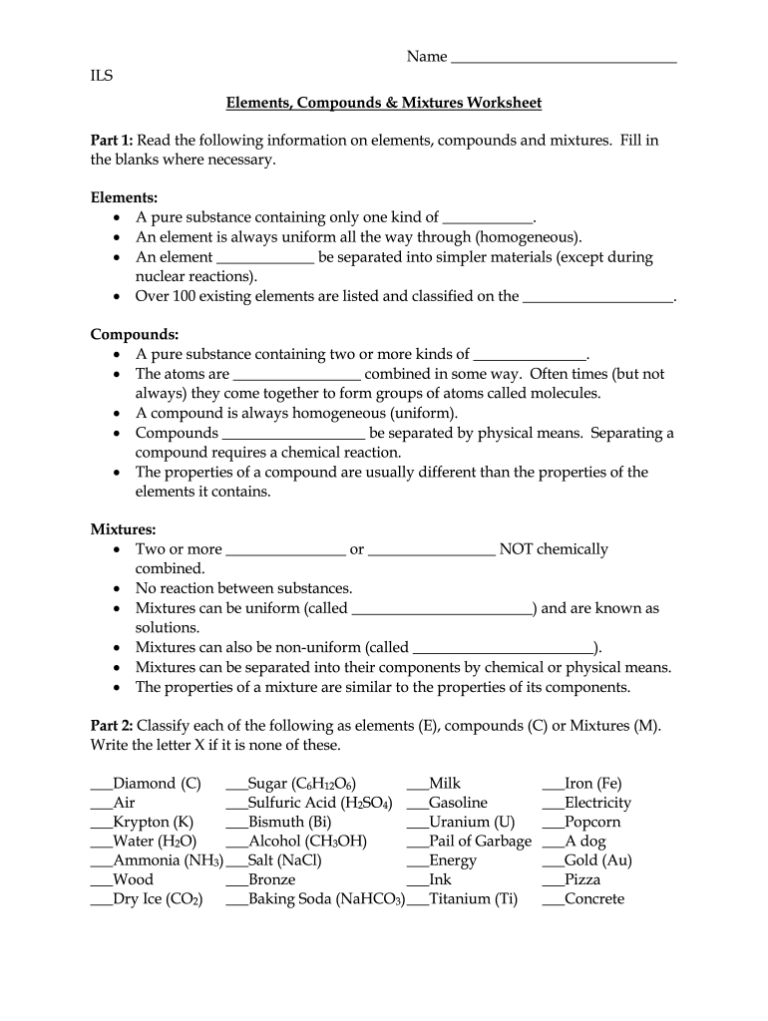 Elements Compounds And Mixtures Worksheet Fill Out amp Sign Online Worksheets Library