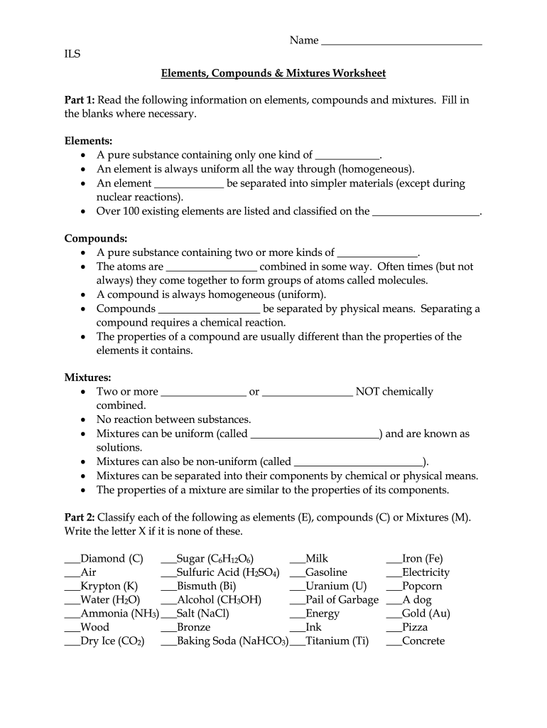 Elements Compounds And Mixtures Worksheet Fill Out amp Sign Online Worksheets Library