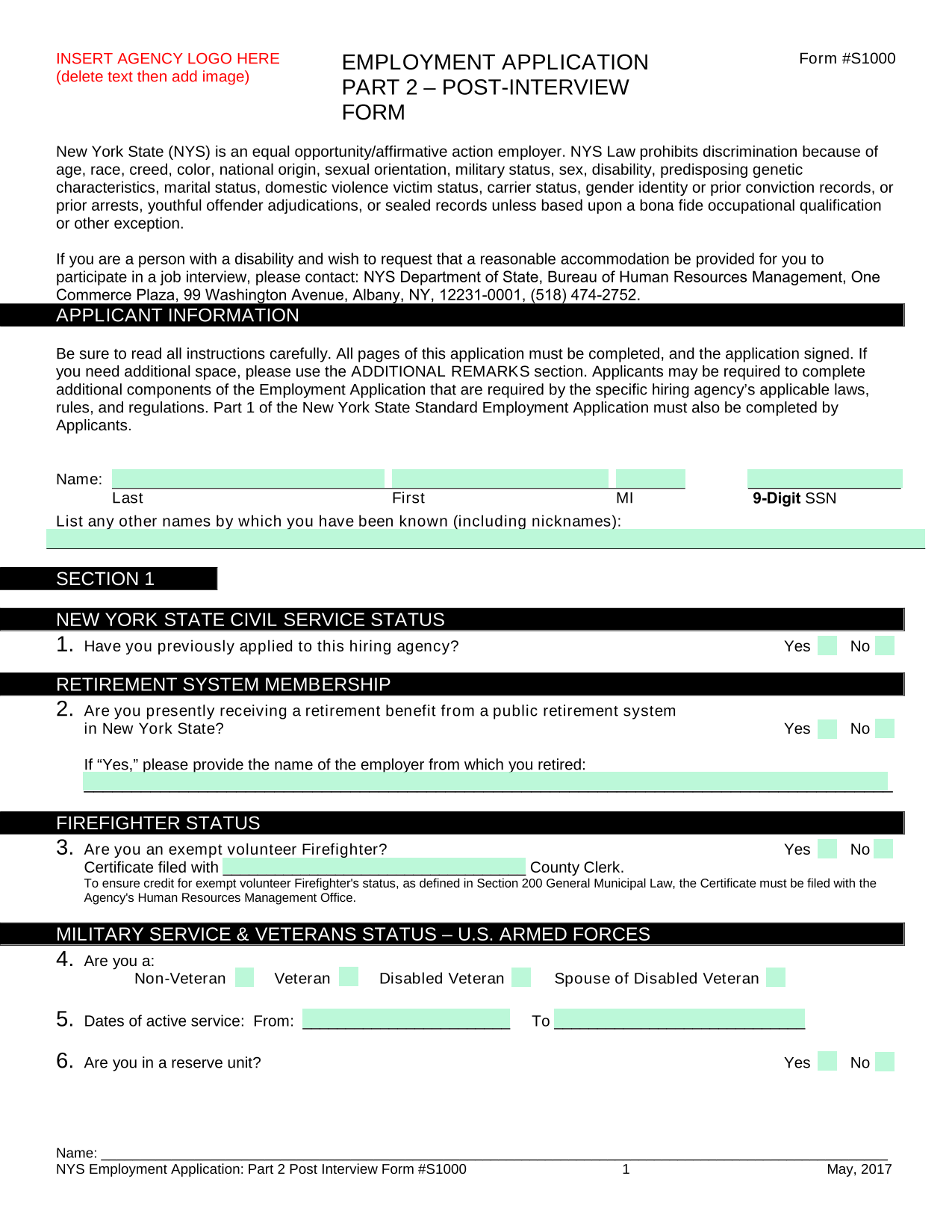 Employment Application Part 2 Post Interview Form