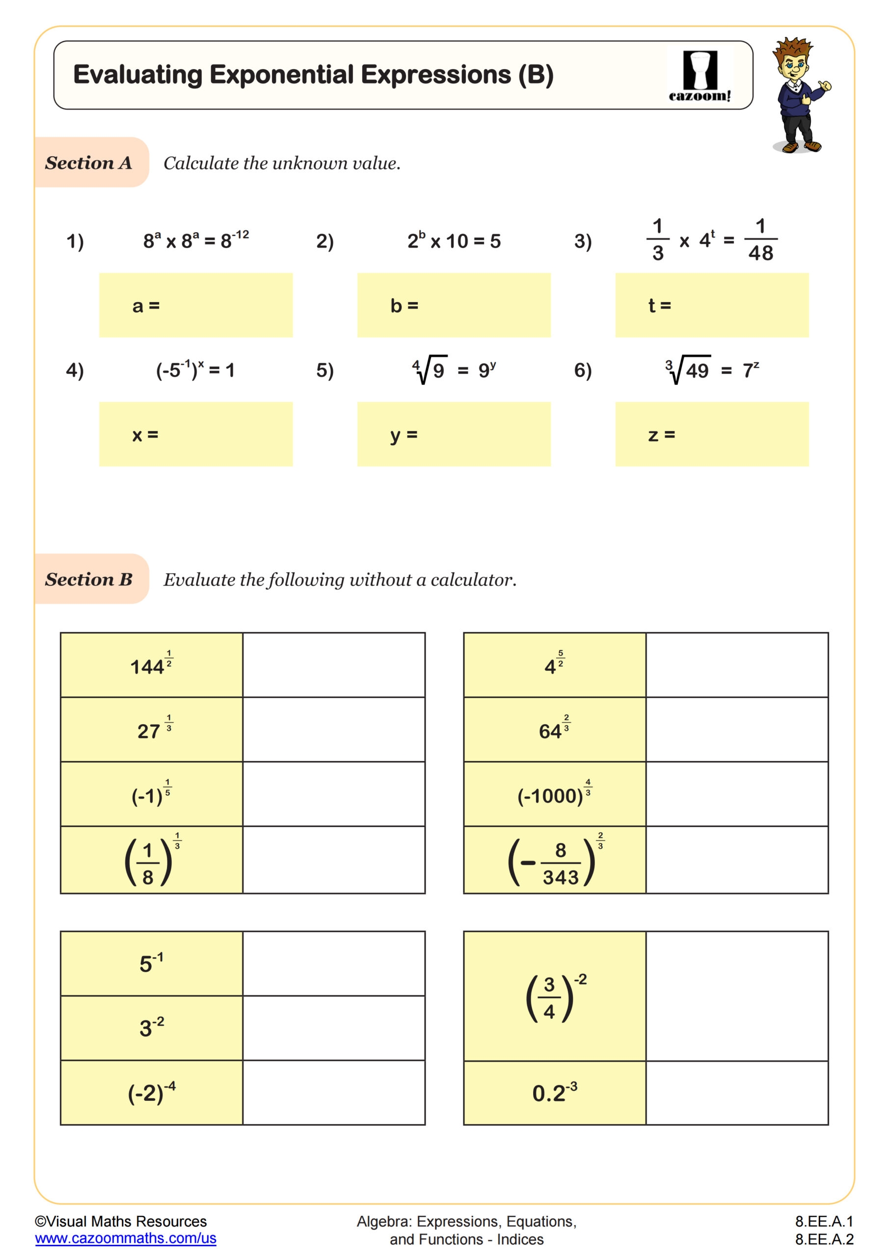 Evaluating Exponential Expressions B Worksheet 8th Grade PDF Worksheets Cazoom Math
