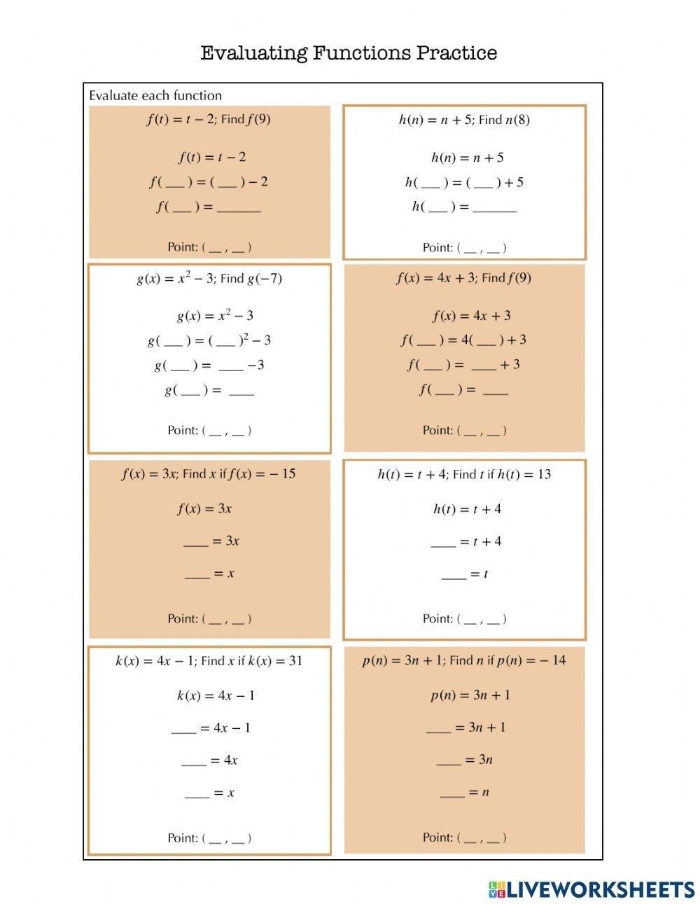 Evaluating Functions Practice Worksheet Live Worksheets Worksheets Library