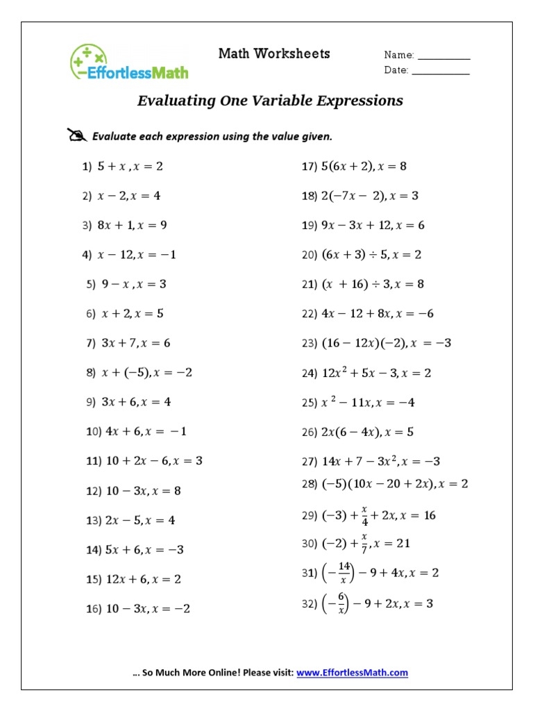 evaluating expressions worksheet