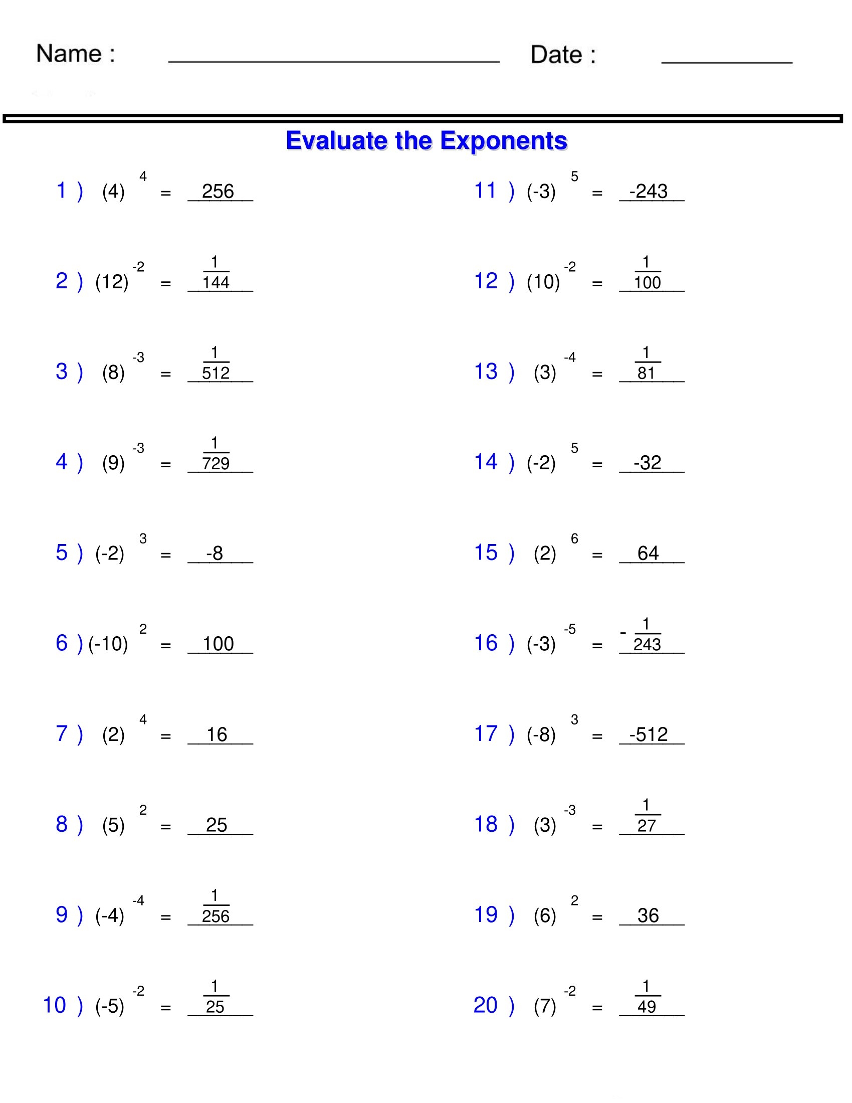 algebra positive exponents worksheet pdf