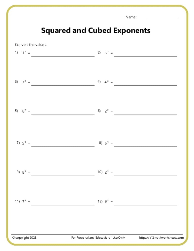 Exponents Worksheets
