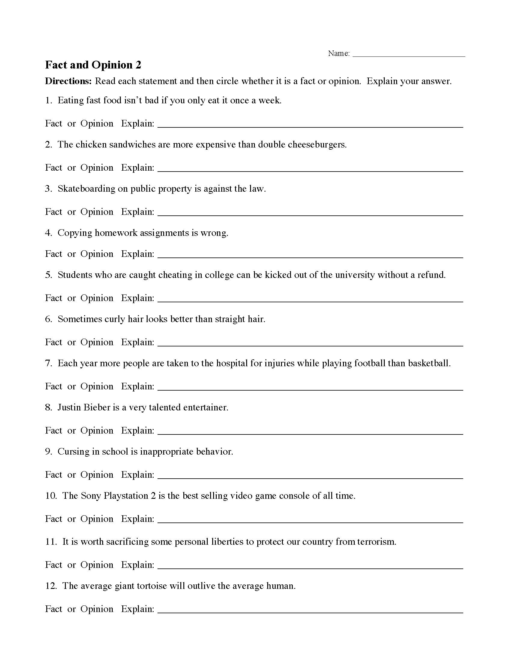 Fact And Opinion Worksheet 2 Reading Activity