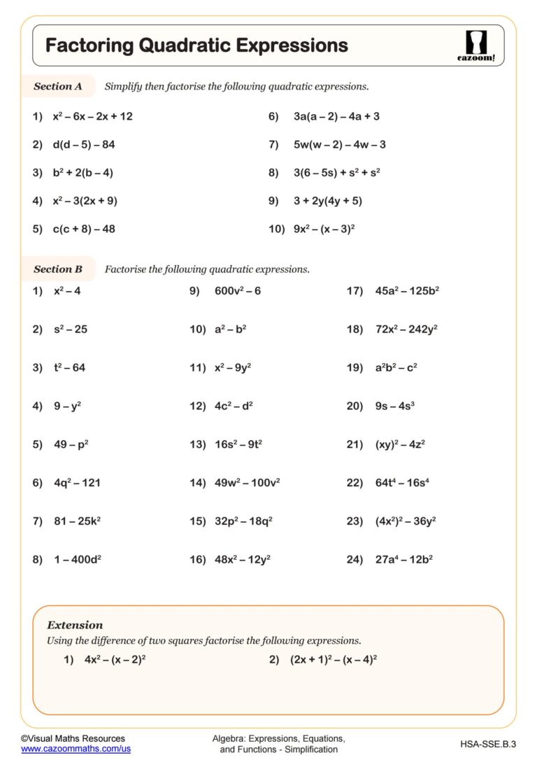 Factoring Quadratic Expressions Worksheet Fun And Engaging Algebra I PDF Worksheets Cazoom Math