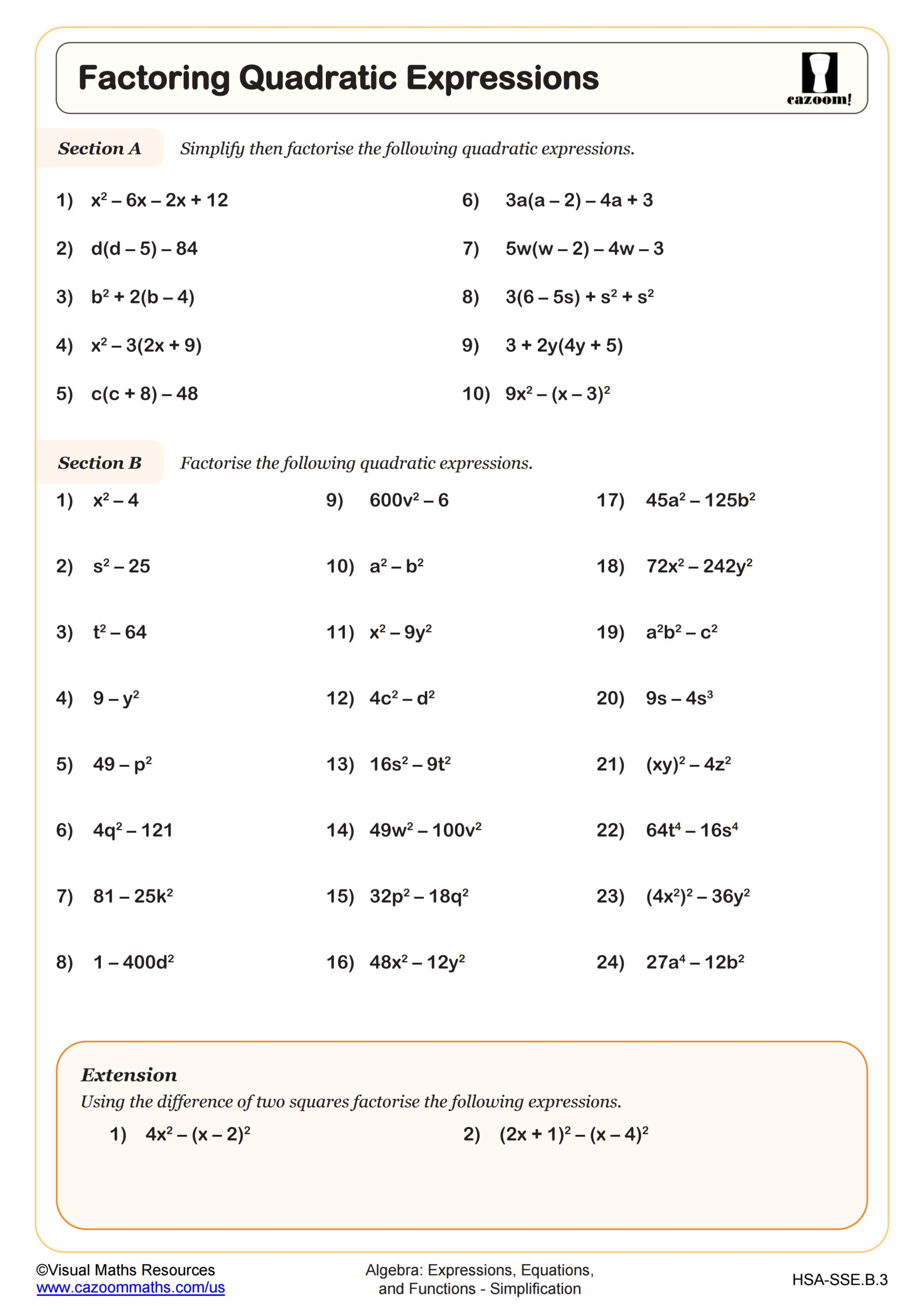 Factoring Quadratic Expressions Worksheet Fun And Engaging Algebra I PDF Worksheets Cazoom Math