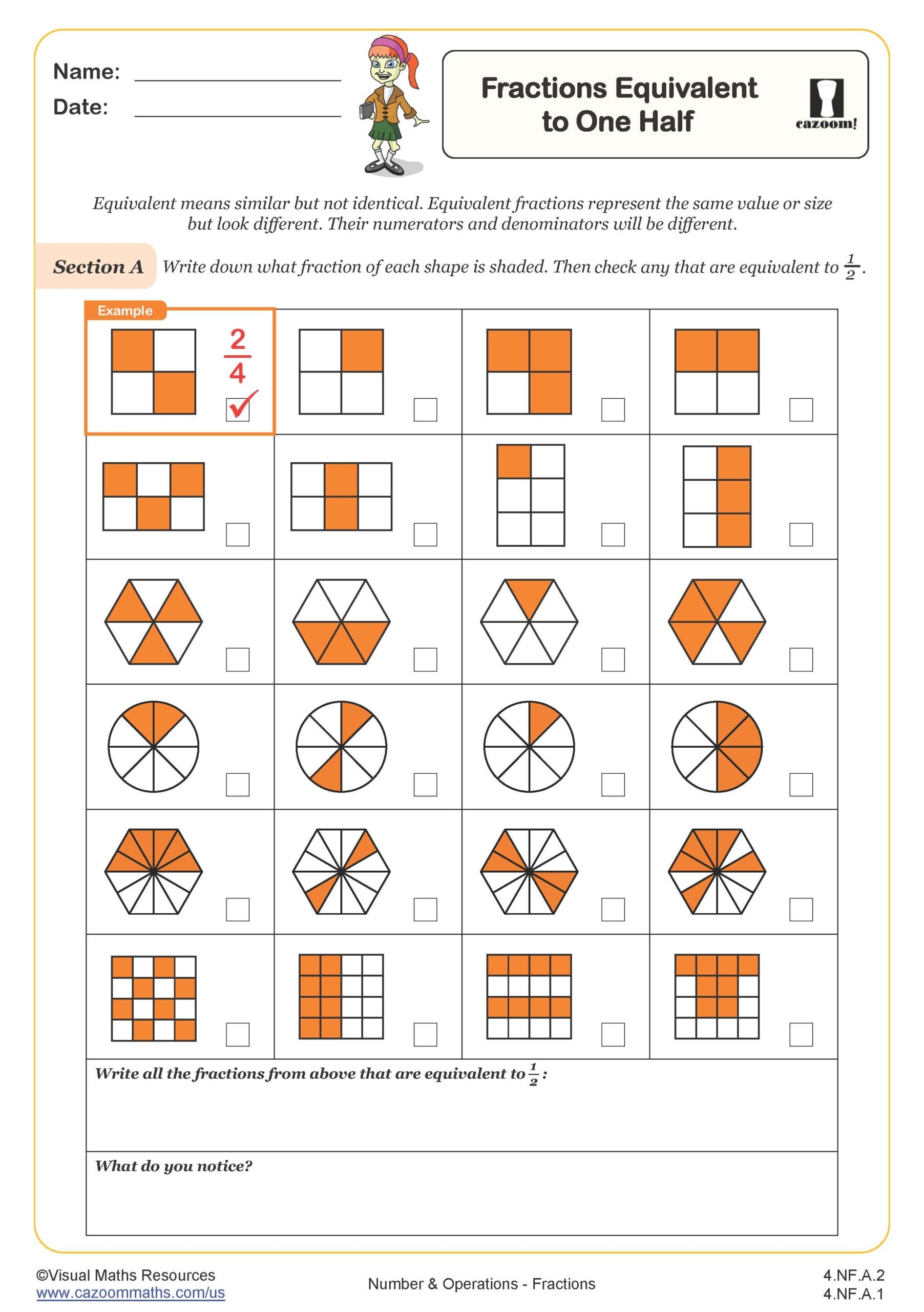 Fractions Equivalent To One Half 4th Grade PDF Number And Operations Worksheets Cazoom Math