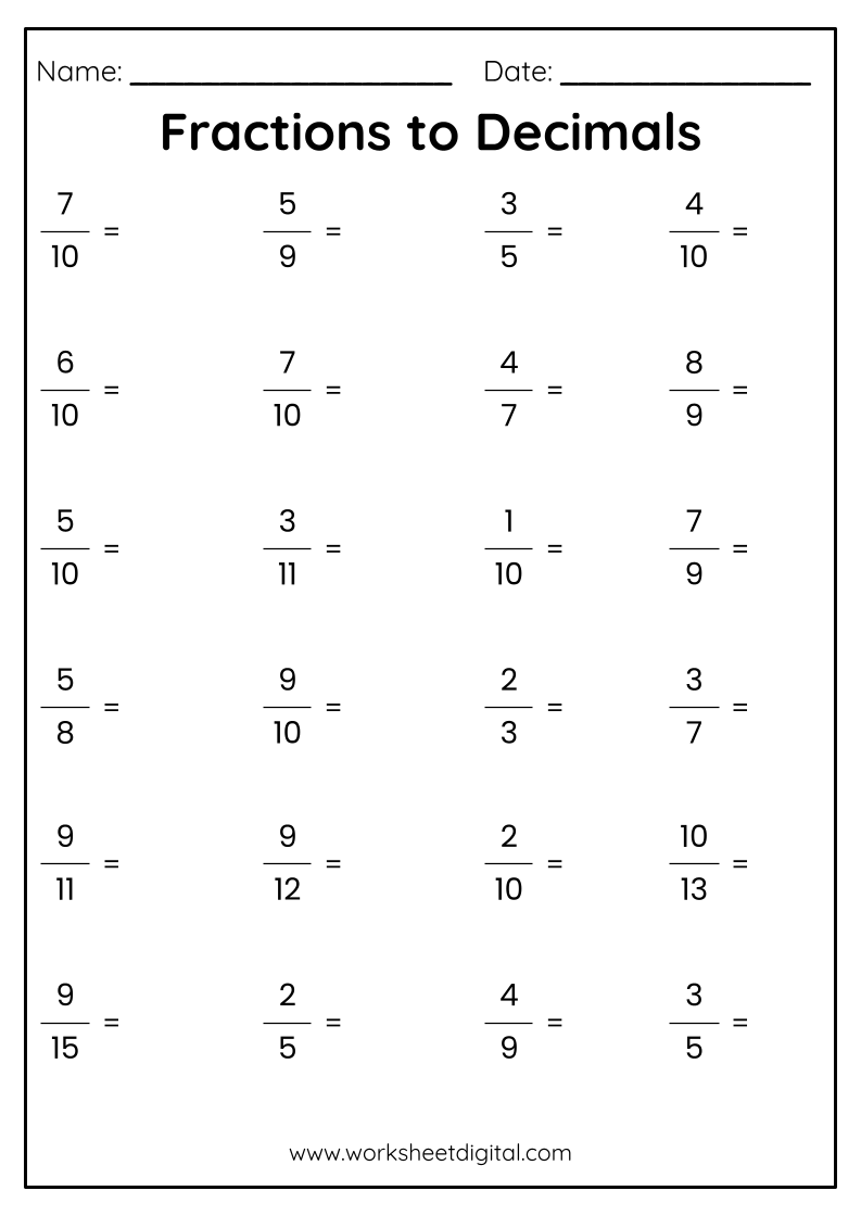 Fractions To Decimals Worksheet Digital Worksheets Library